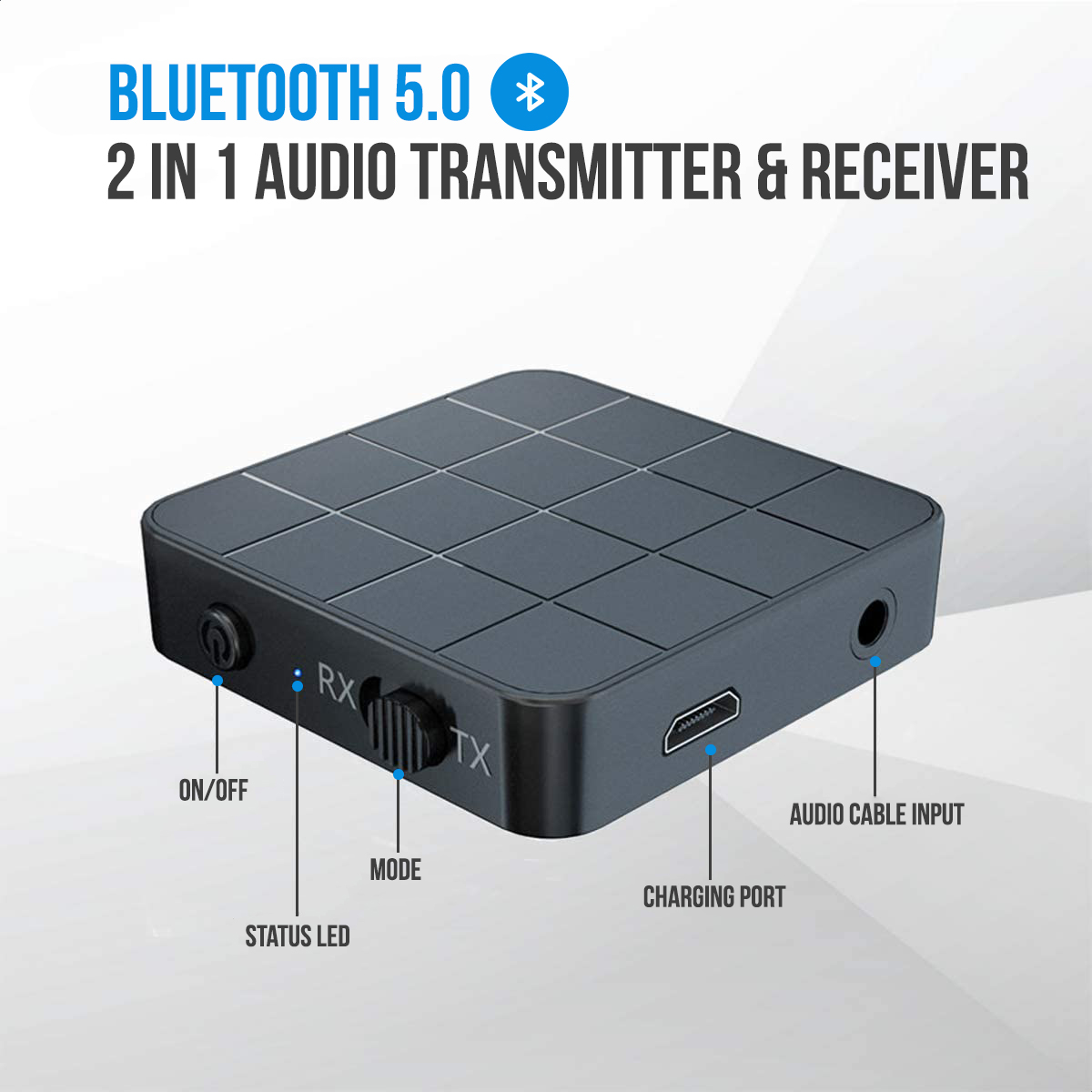 Close-up of a black audio transmitter/receiver with labeled ports and buttons. Bluetooth 5.0 indicated.