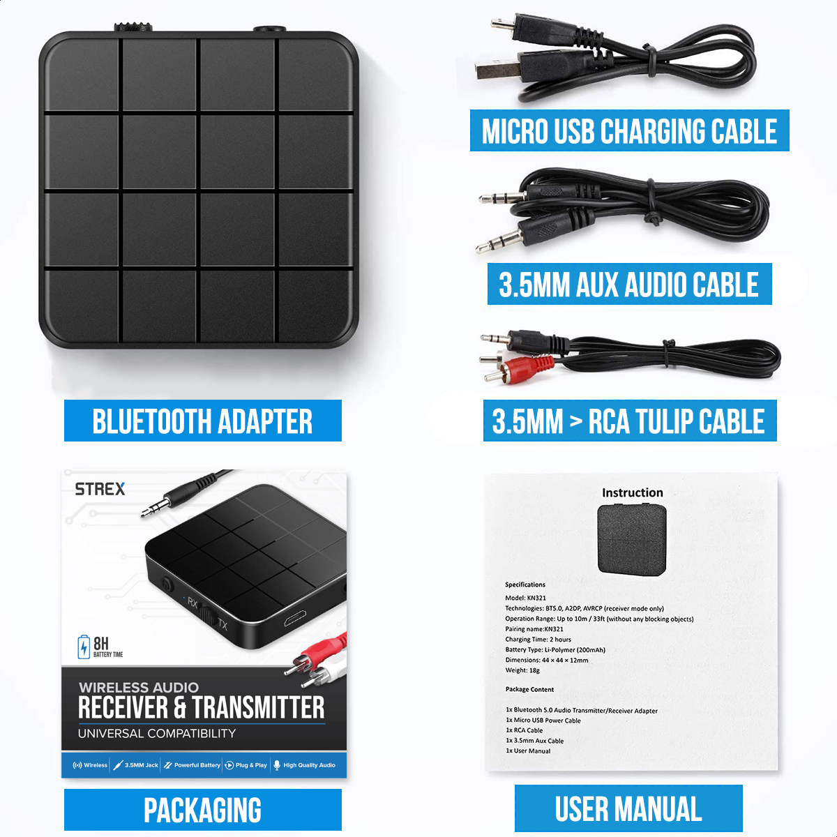 Diagram showing a Bluetooth adapter with packaging and user manual, and various cables.