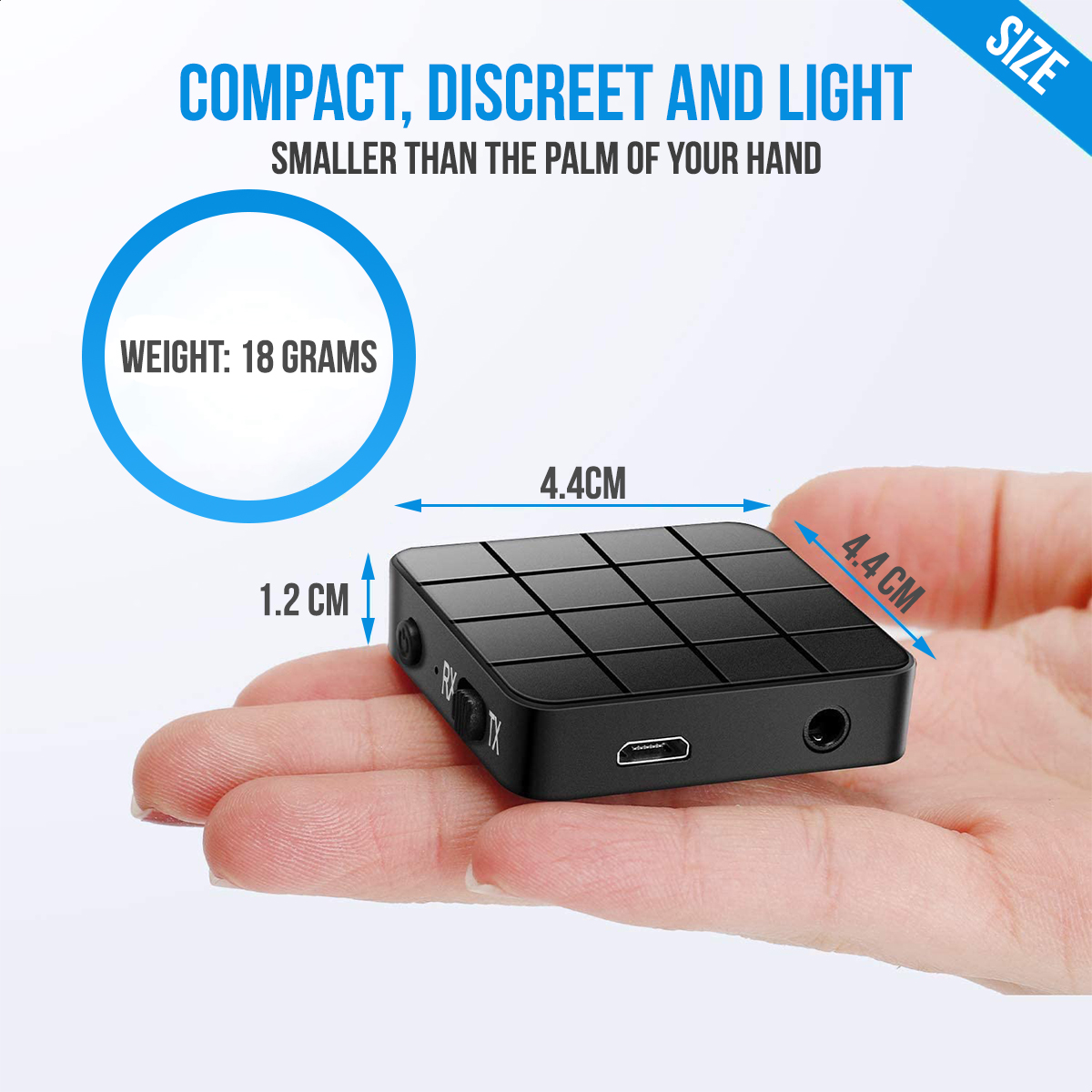 A hand holding a small black audio adapter. Dimensions are shown: 4.4cm x 4.4cm x 1.2cm. Weight: 18 grams.