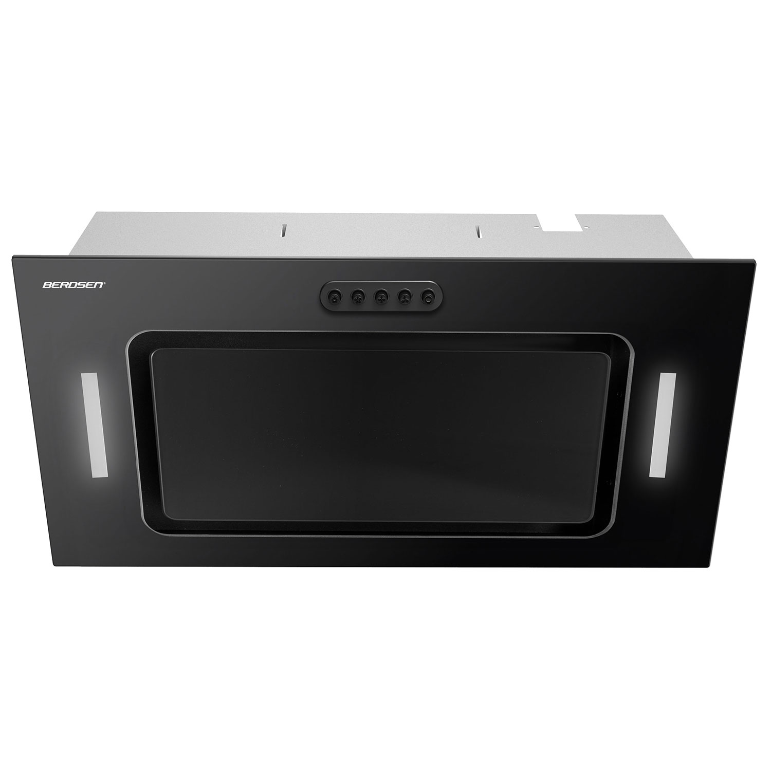 Czarny okap kuchenny Berosen zainstalowany w kuchni. Ma światła i panel sterowania.