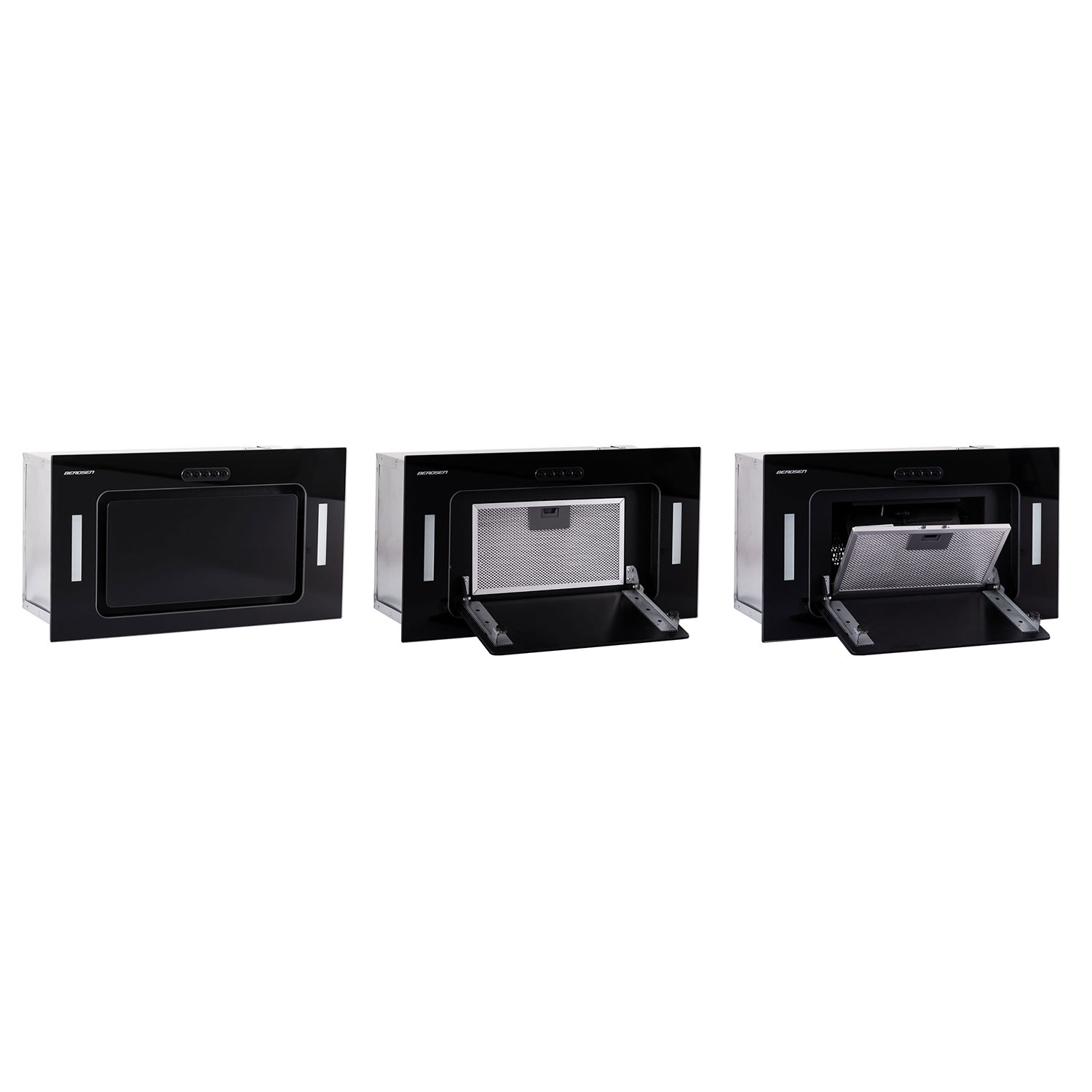 Trzy czarne okapy kuchenne z różnymi pozycjami drzwi filtra na białym tle.