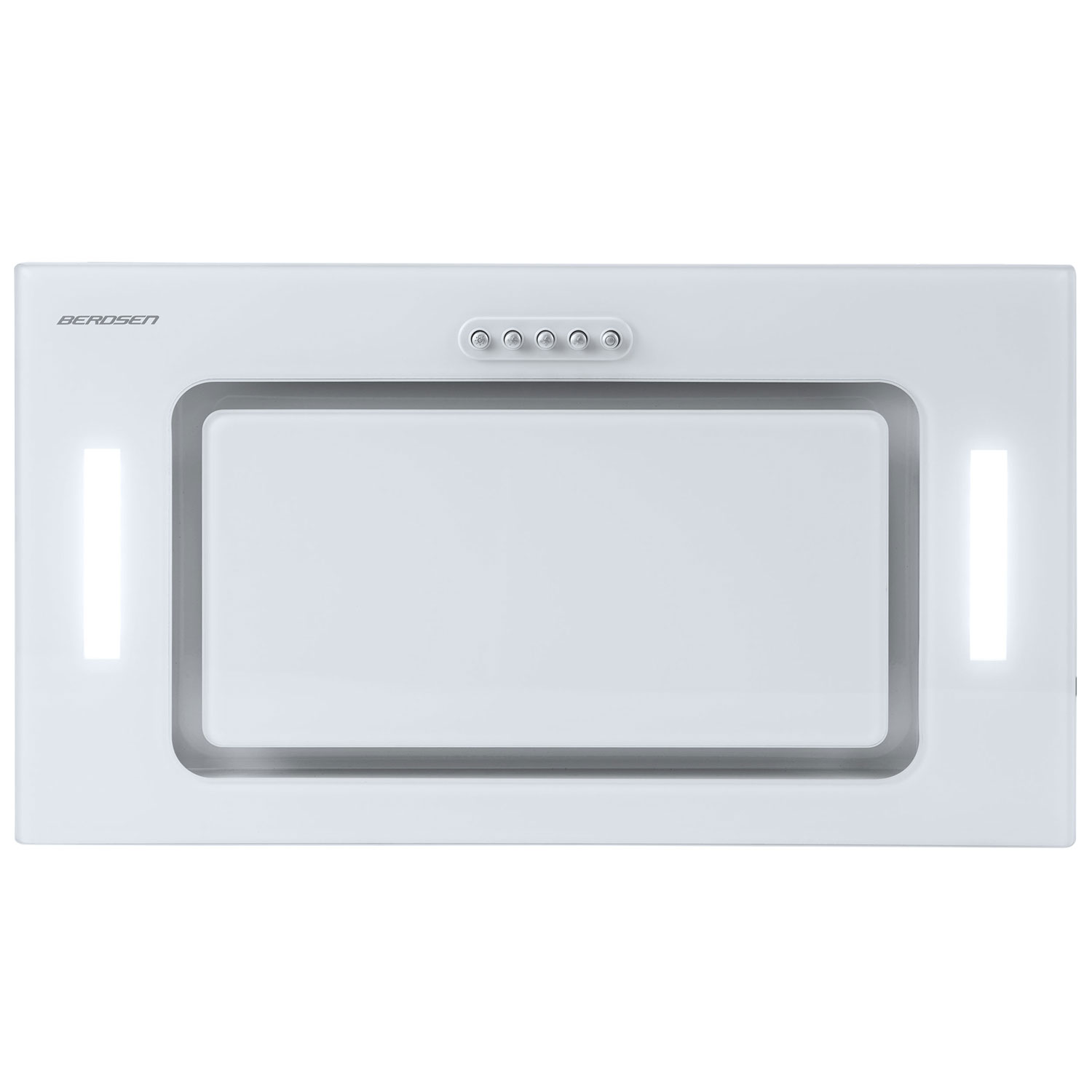 Biały okap kuchenny Berosen zainstalowany w kuchni. Ma światła i panel sterowania.