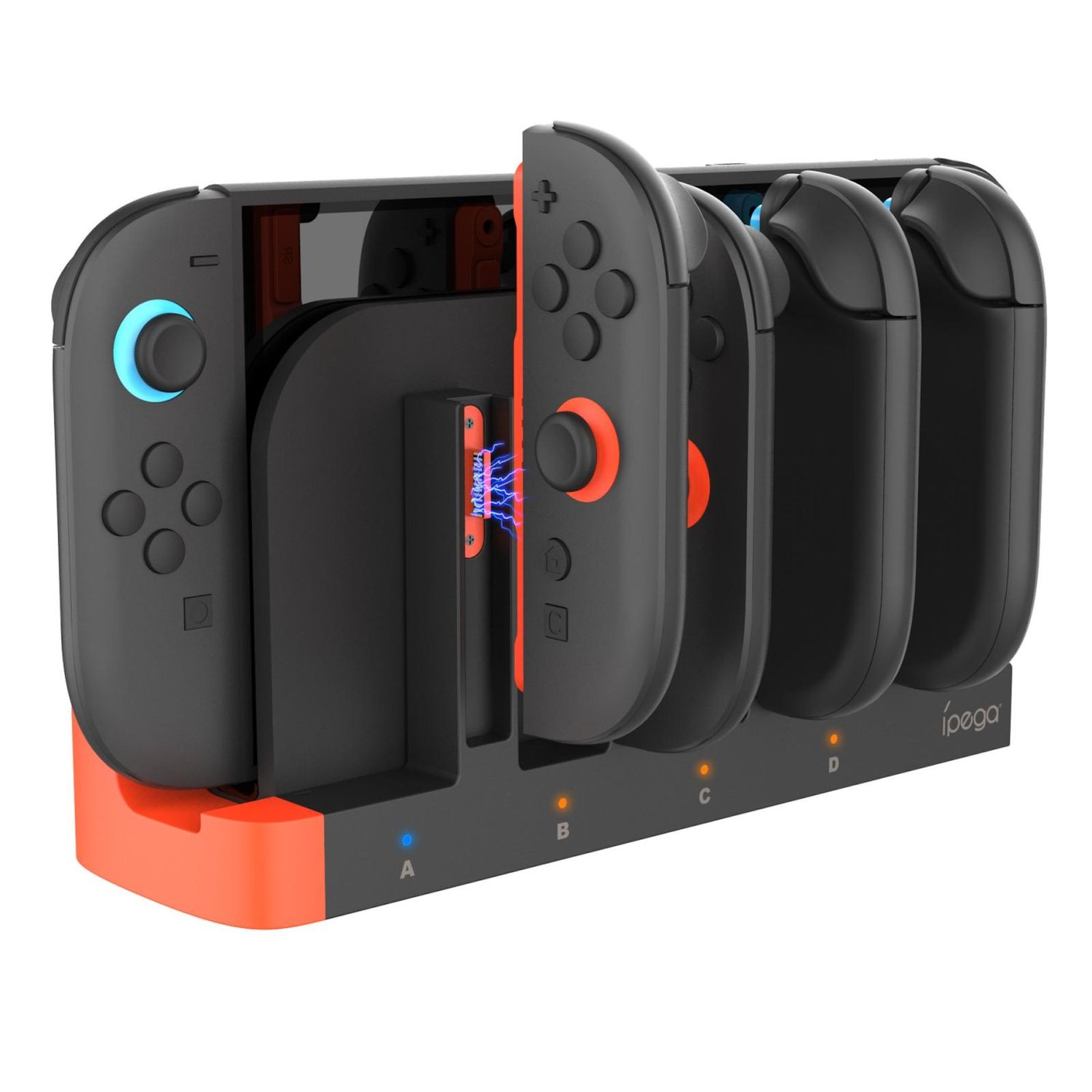 Eine schwarz-orange Ladestation mit vier Nintendo Switch Controllern. A-D Beschriftungen sind vorhanden.