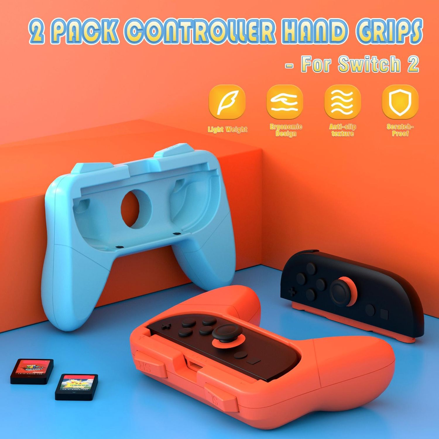 Un agarre de controlador naranja y azul y un controlador negro están sobre una superficie azul.