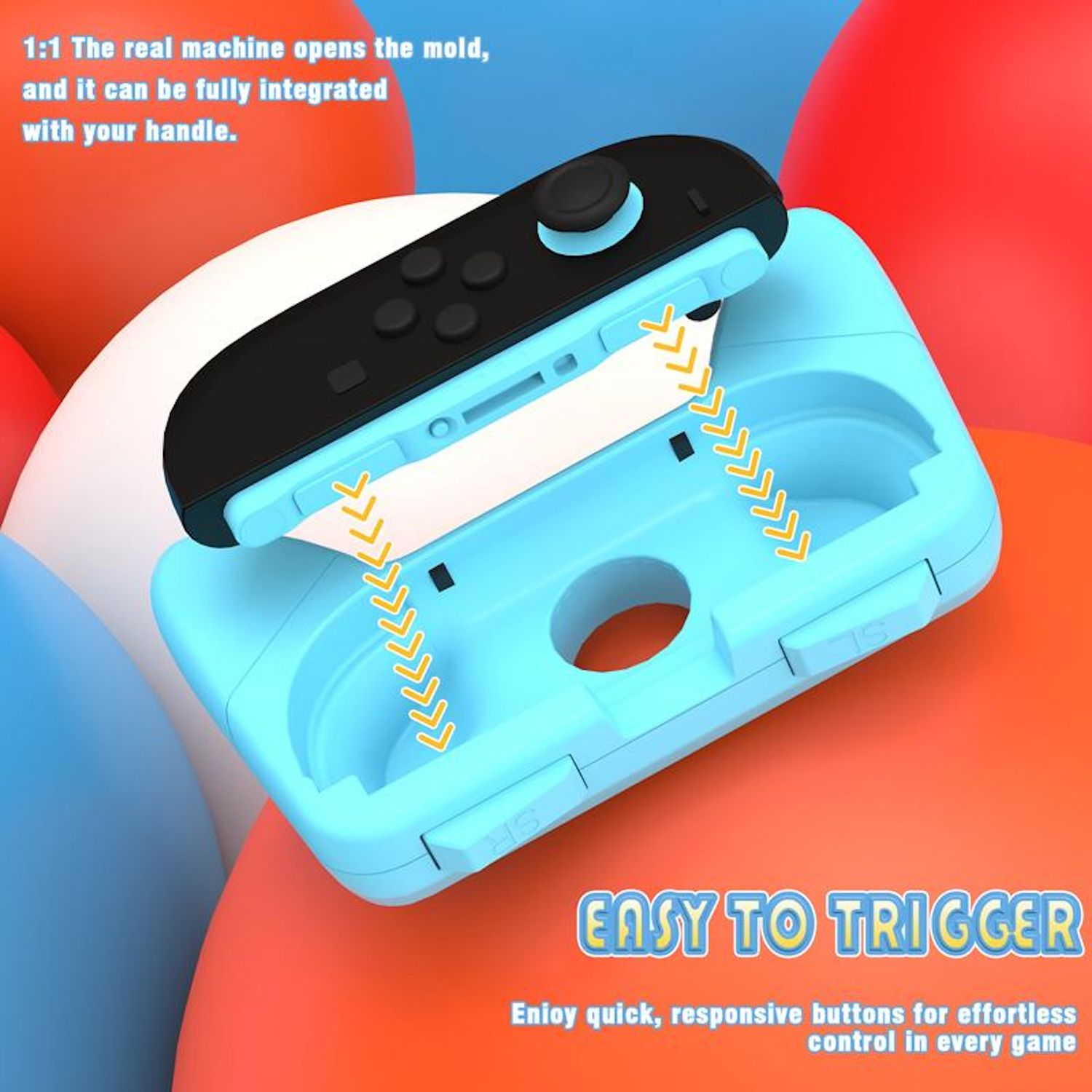 Una funda azul con un controlador negro insertándose, con el texto "EASY TO TRIGGER".