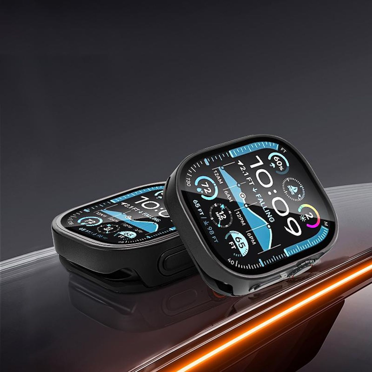 Zwei Smartwatches mit schwarzen Gehäusen werden vor einem dunklen Hintergrund angezeigt.