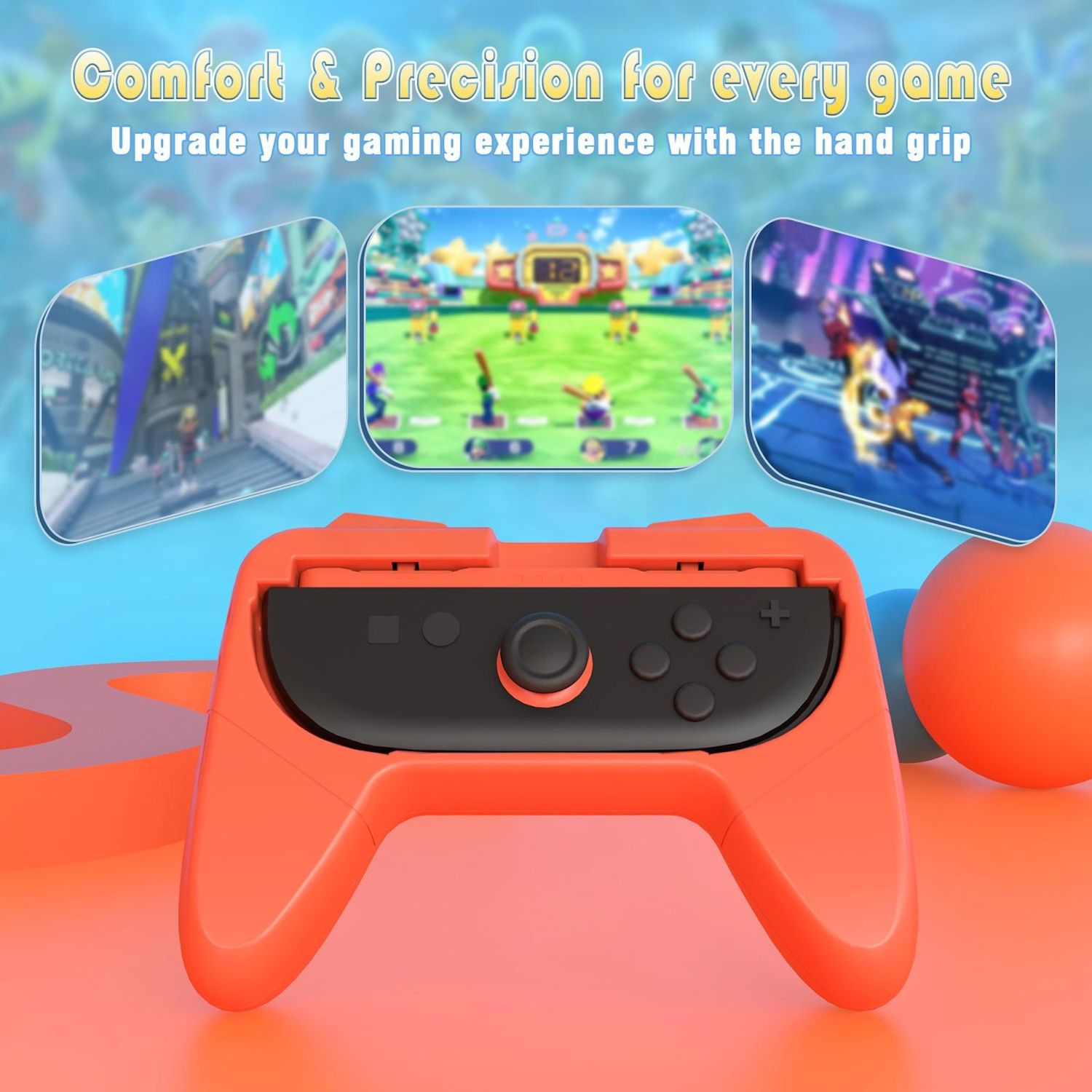 Un agarre de controlador naranja para juegos con tres imágenes de juego en el fondo.