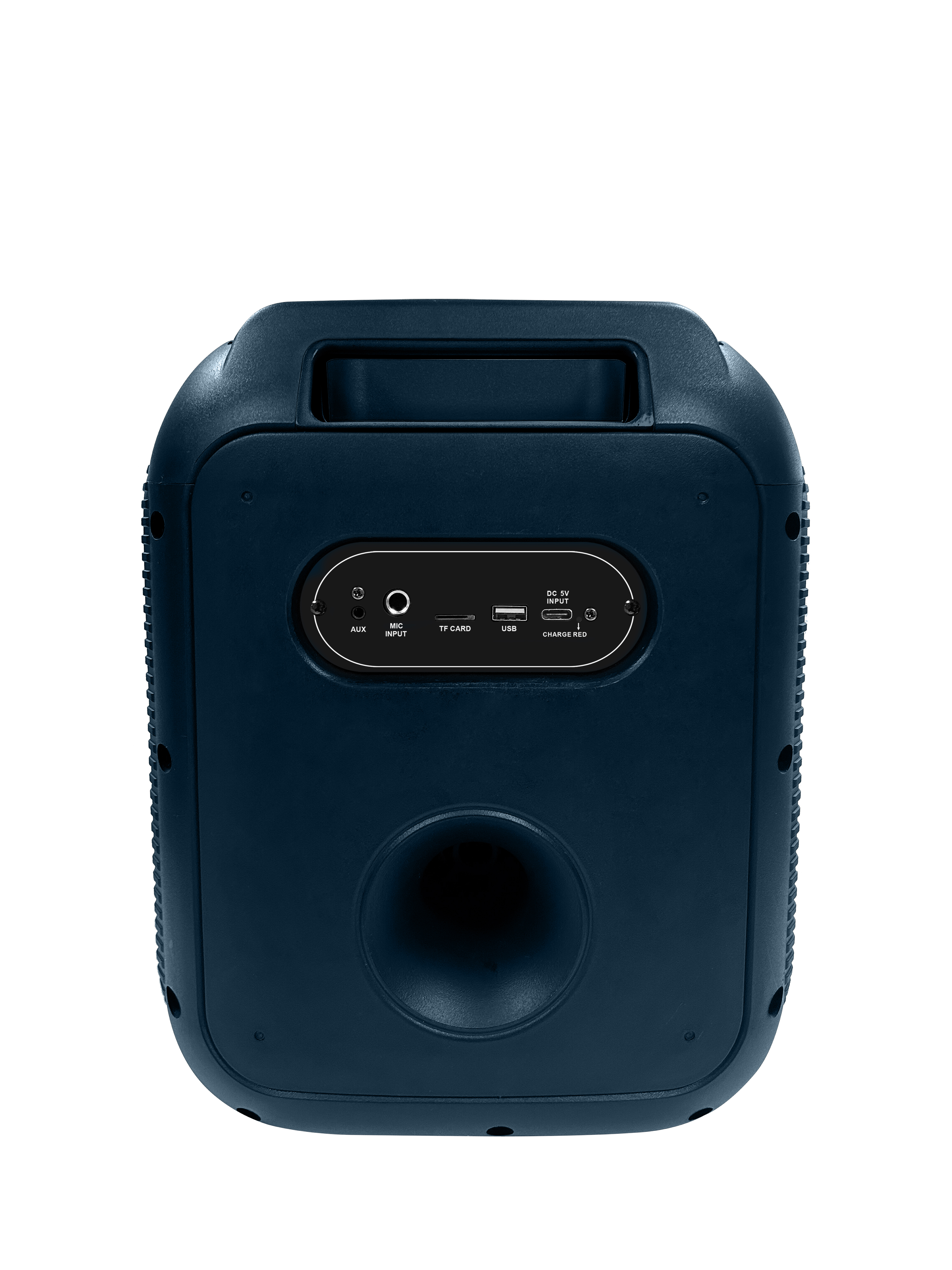 Un retro altoparlante blu scuro. Ha diverse porte e pulsanti, tra cui AUX, USB e TF CARD. È su uno sfondo bianco.