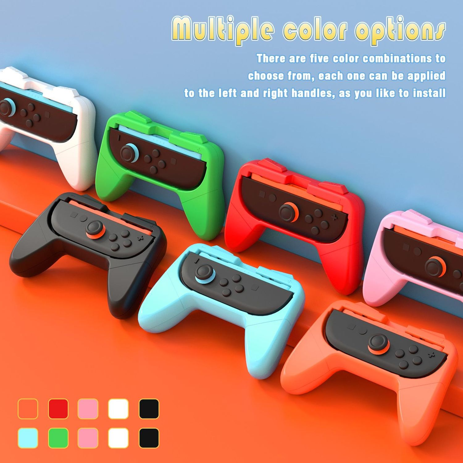 Se muestran múltiples empuñaduras de controlador de colores con una descripción de sus opciones de color.