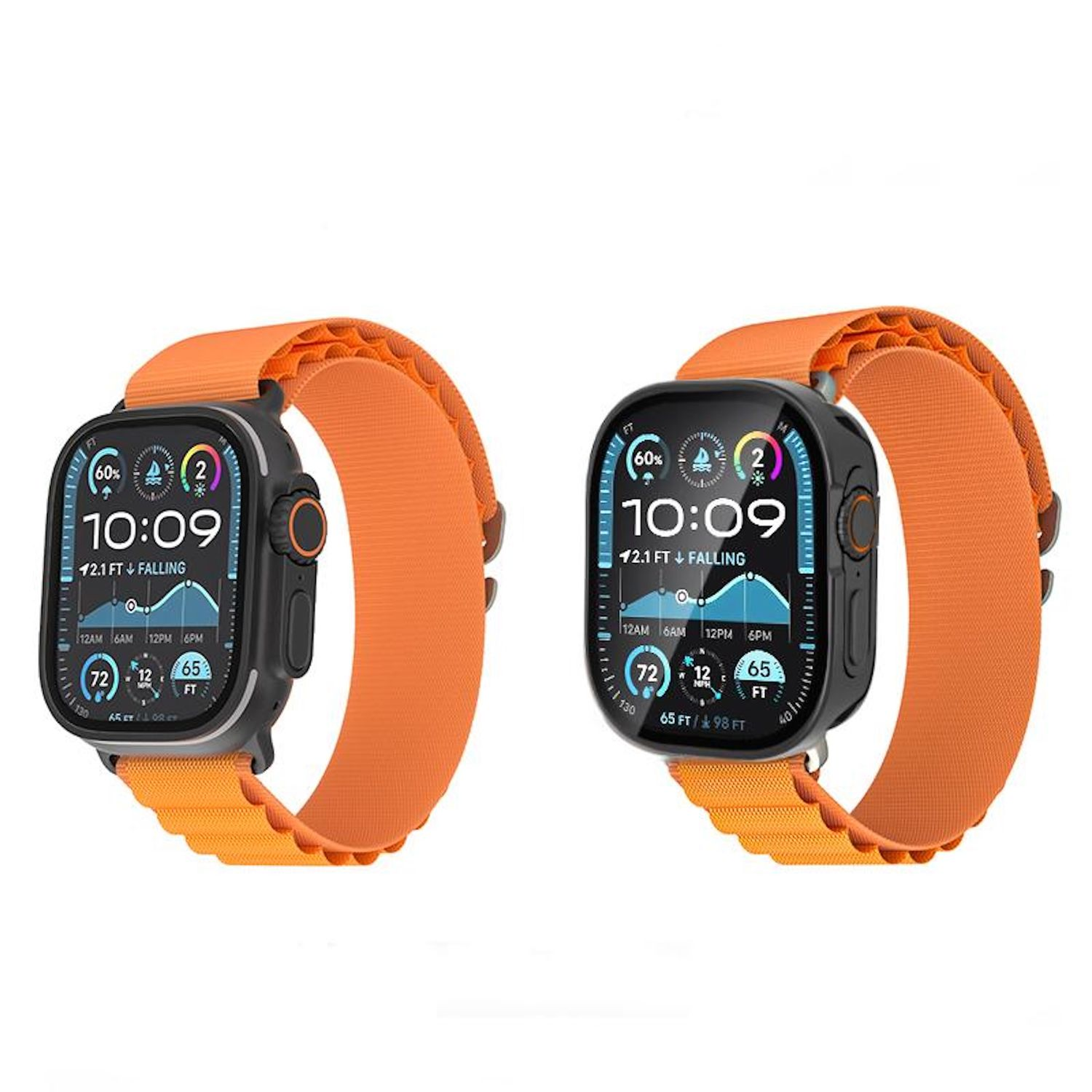 Zwei Smartwatches mit orangefarbenen Armbändern und schwarzen Gehäusen werden auf einem weißen Hintergrund angezeigt.