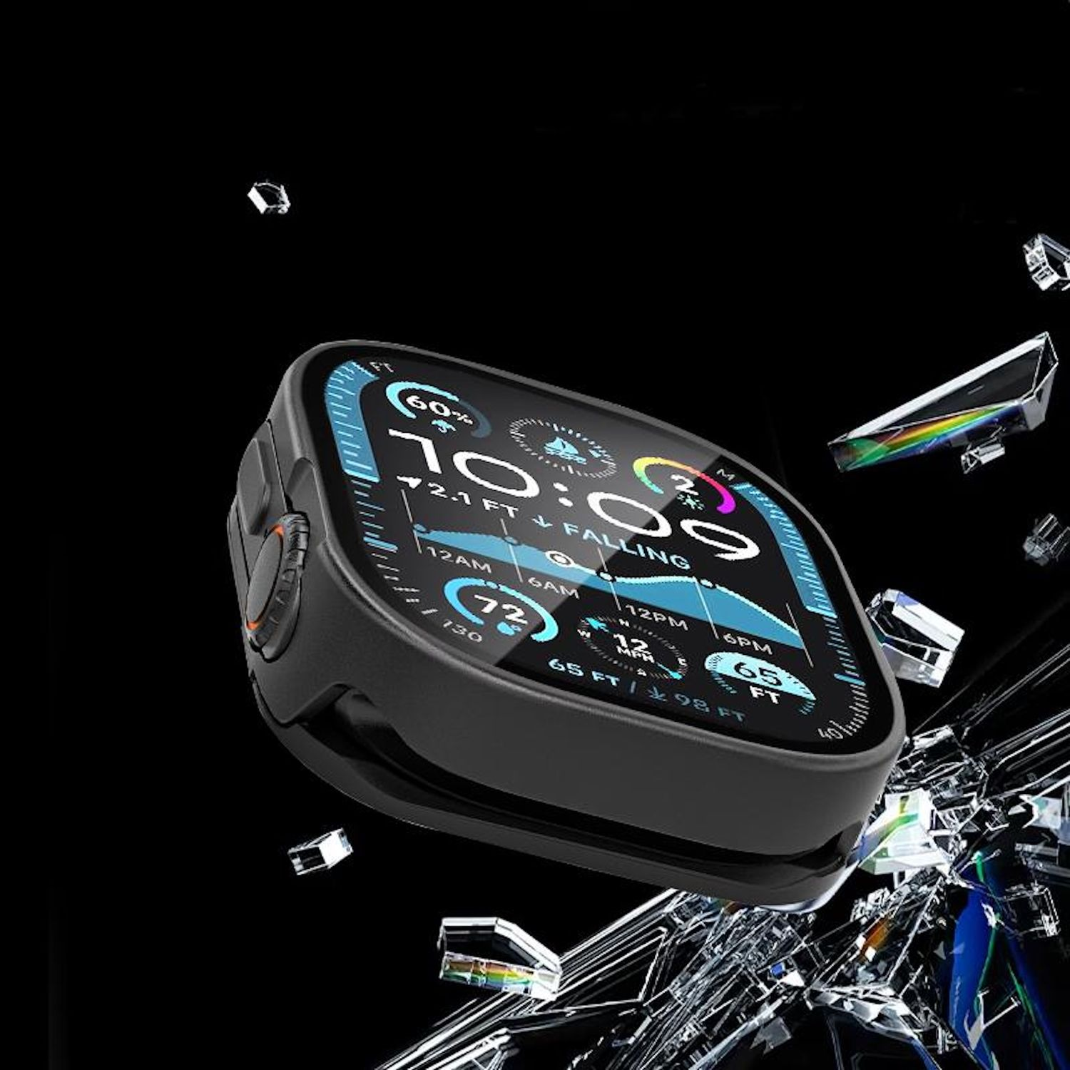 Eine schwarze Smartwatch mit zerbrochenem Glas drumherum, mit schwarzem Hintergrund und Glassplittern.