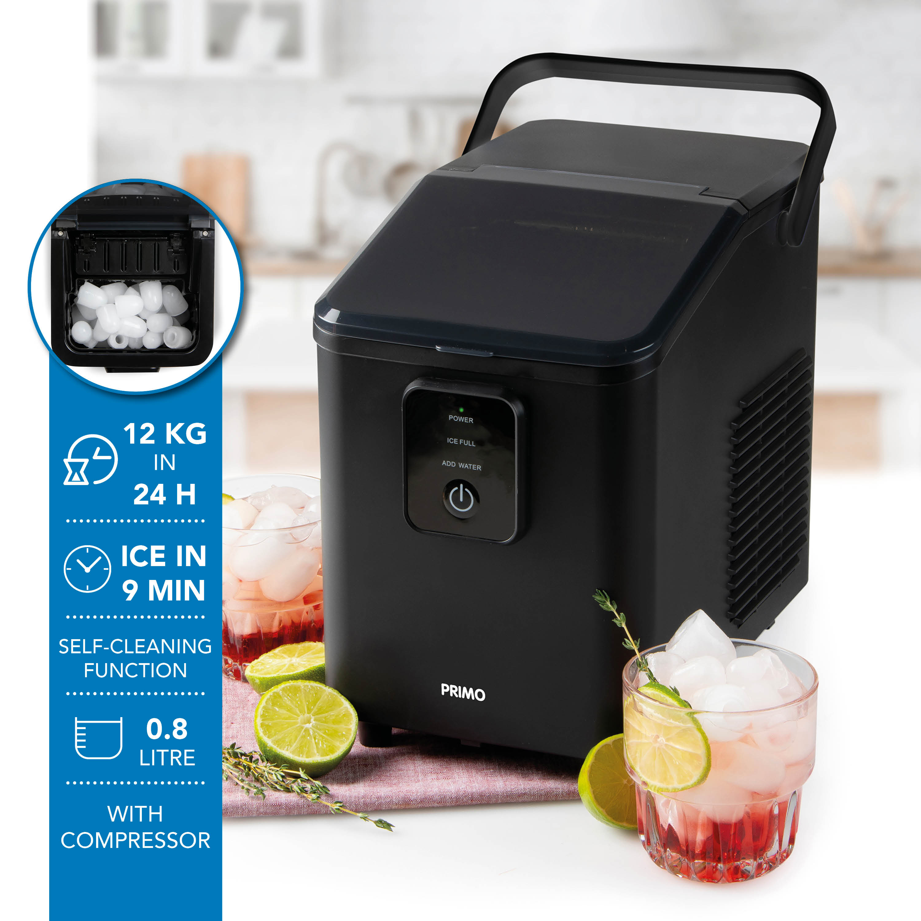 A black ice maker with text labels, two drinks, and a side graphic. The ice maker is black.
