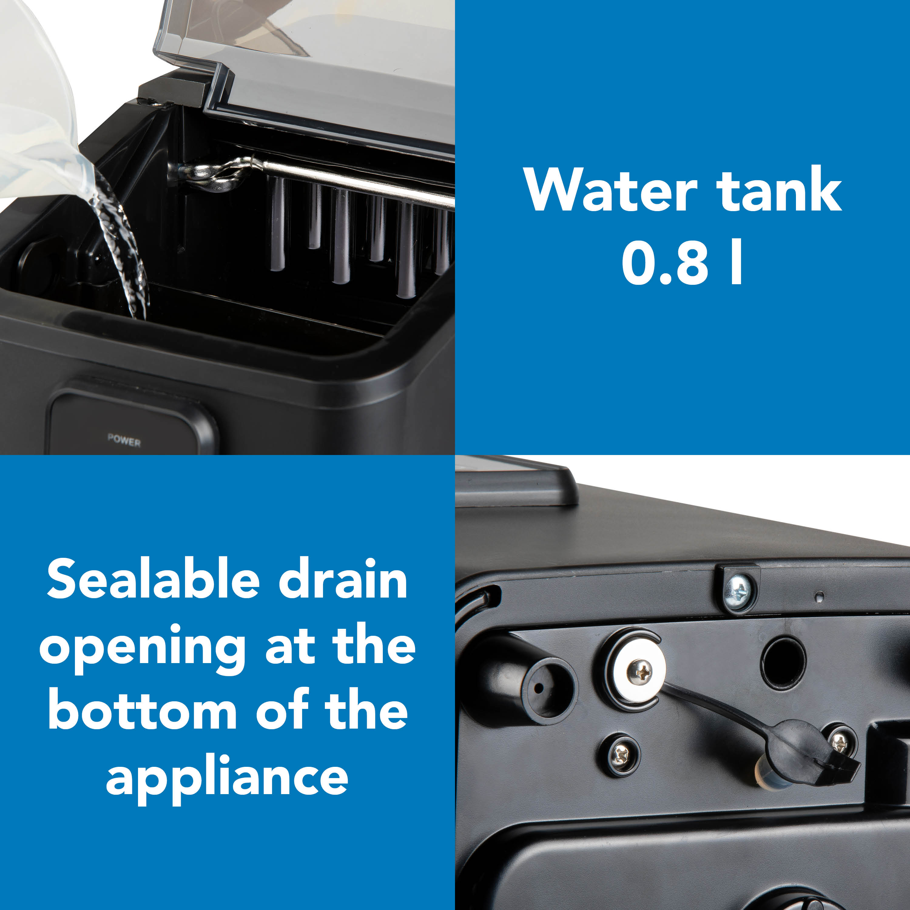 Four images showing a black ice maker with a removable basket, and water tank and sealable drain opening.