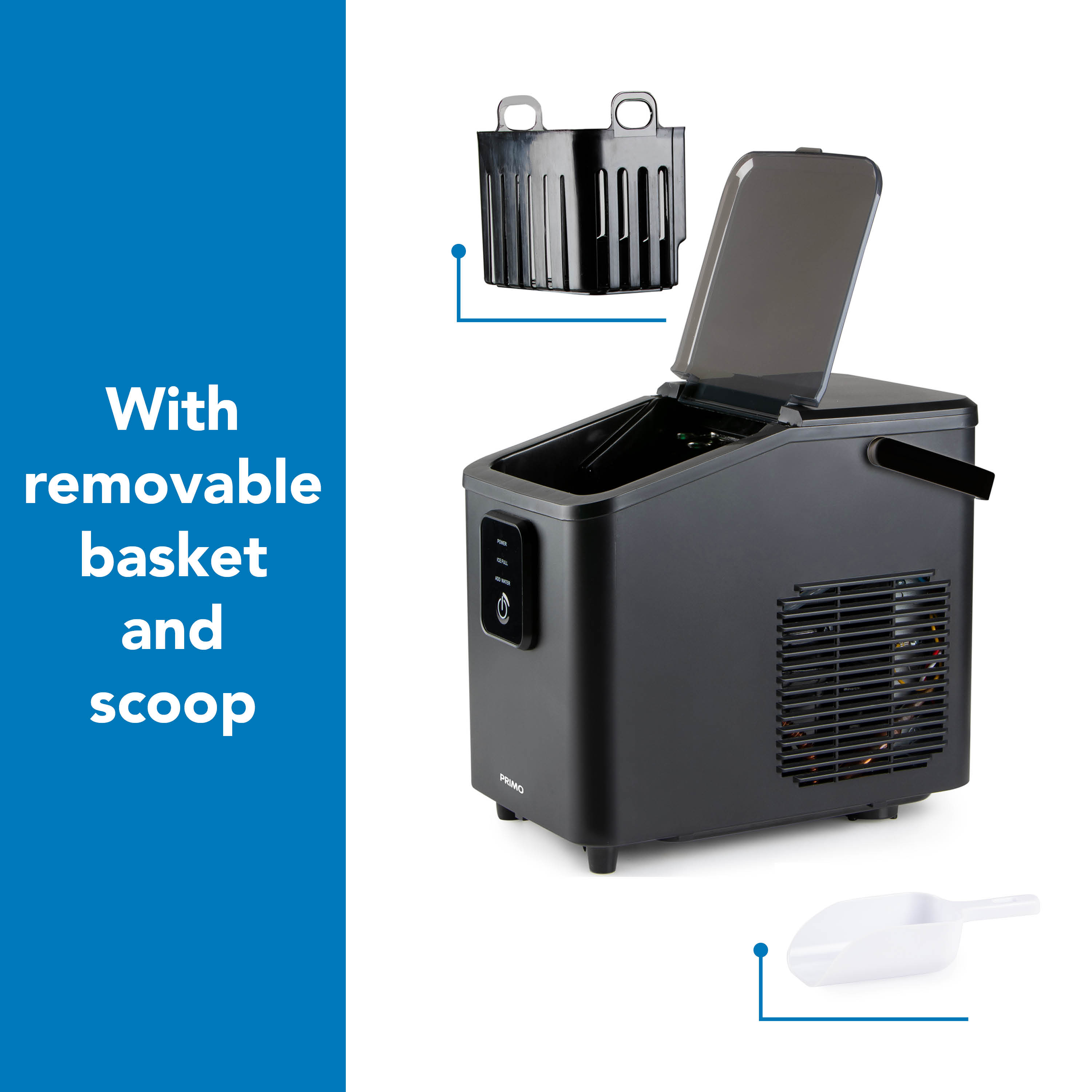 Black ice maker, a removable basket, and a scoop are shown. It has a black lid, and a control panel.