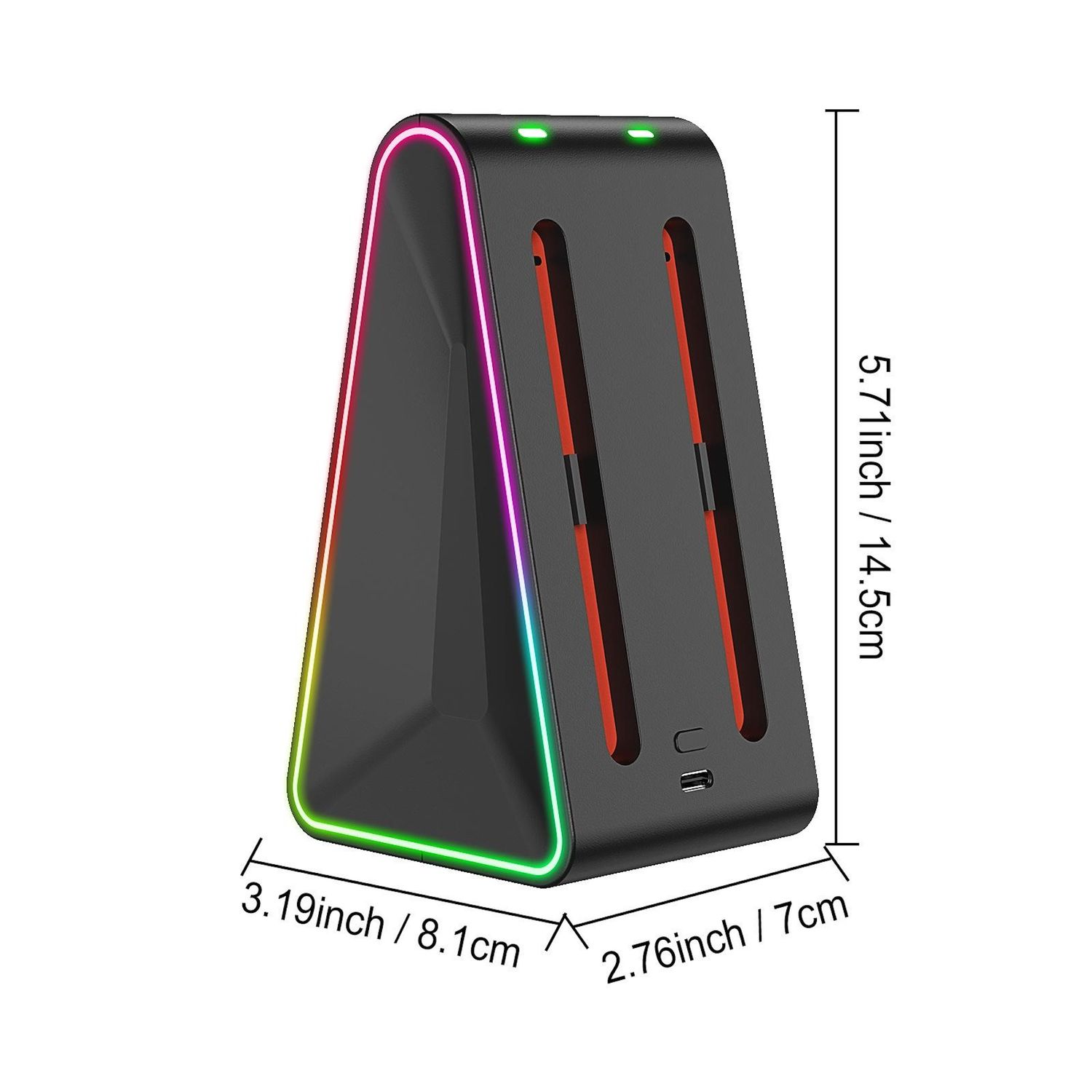 Eine schwarze Ladestation mit LED-Leuchten. Es hat eine dreieckige Form und Anschlüsse auf der Vorder- und Oberseite.