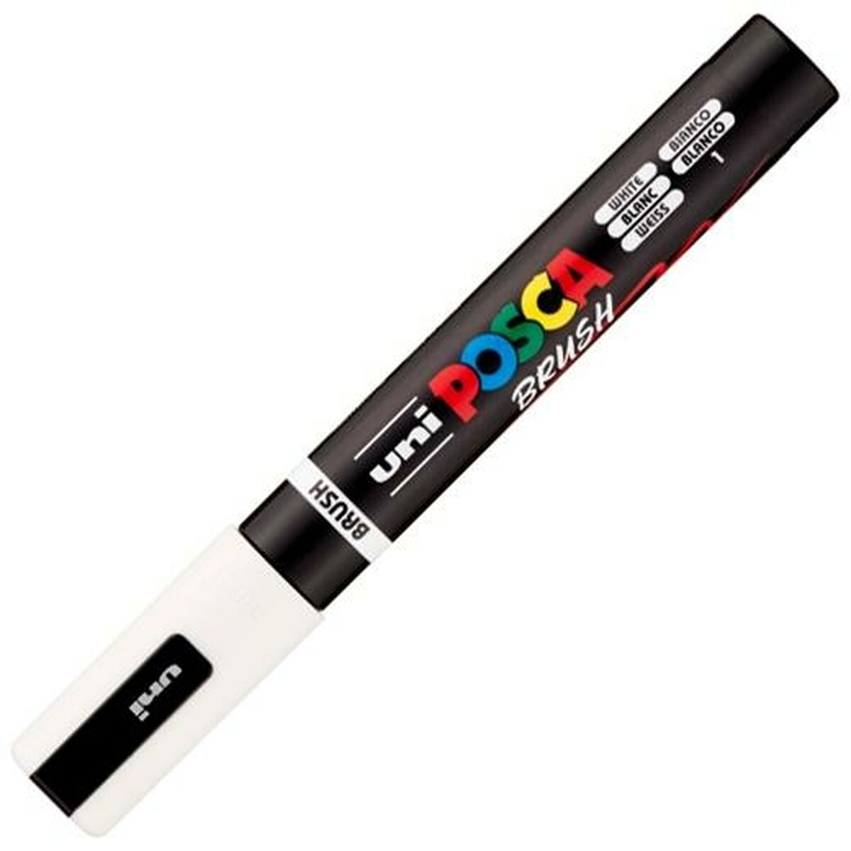 Ein weißer Marker mit dem Wort 'Posca' auf weißem Hintergrund. Die Spitze des Markers ist weiß.