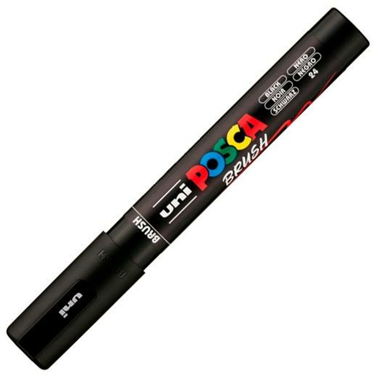 Ein schwarzer Posca-Pinselmarker mit farbenfrohem Text und Markennamen. Auf weißem Hintergrund.