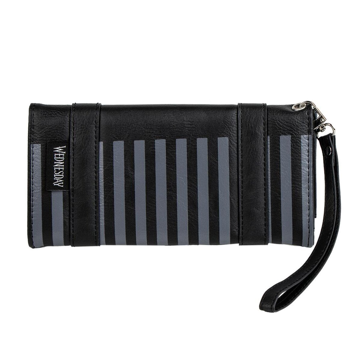 Eine schwarze Brieftasche mit grauen vertikalen Streifen. Das Wort WEDNESDAY ist links sichtbar.