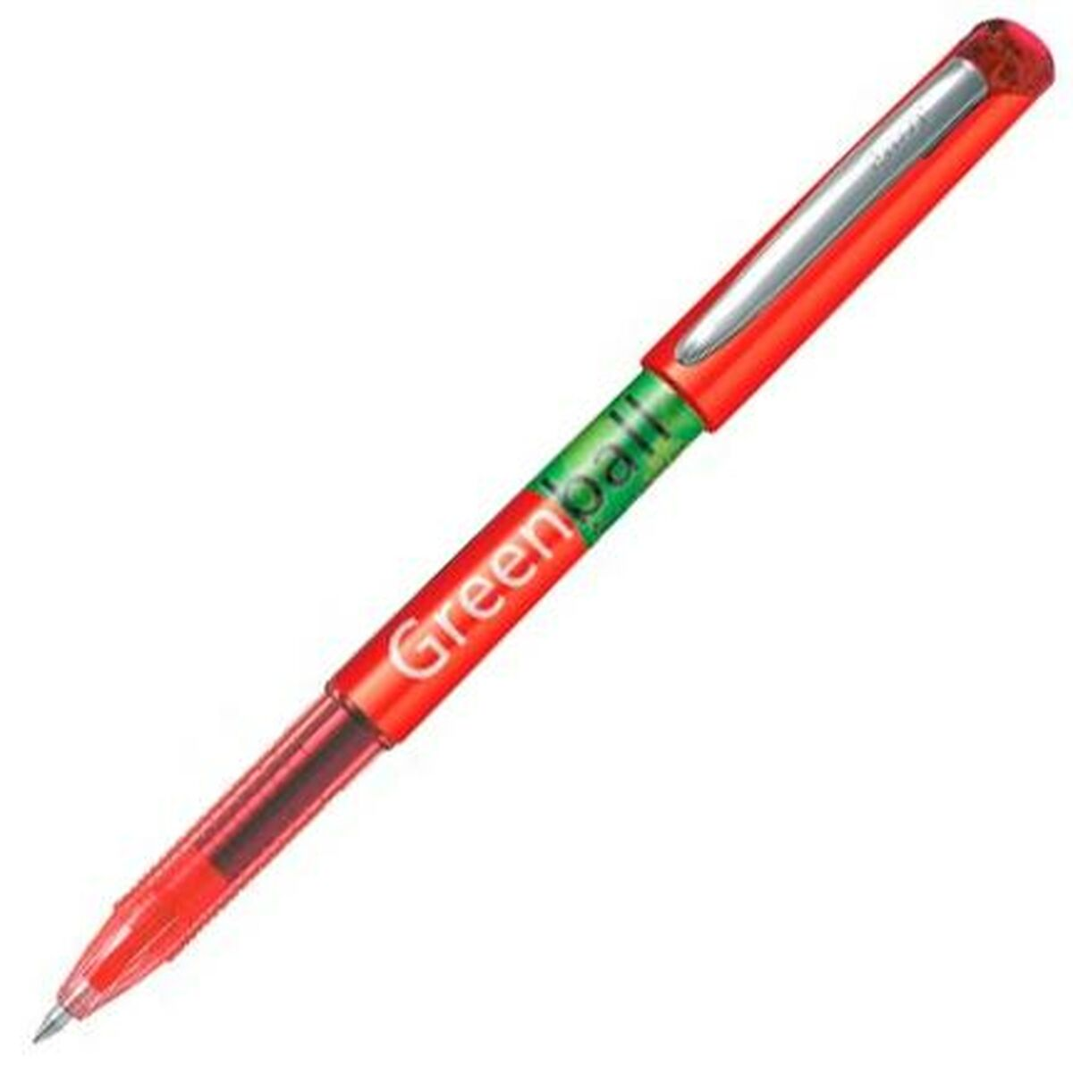 Ein roter Stift mit einem grünen Tintenabschnitt und einem silbernen Clip. Der Stift befindet sich auf weißem Hintergrund.