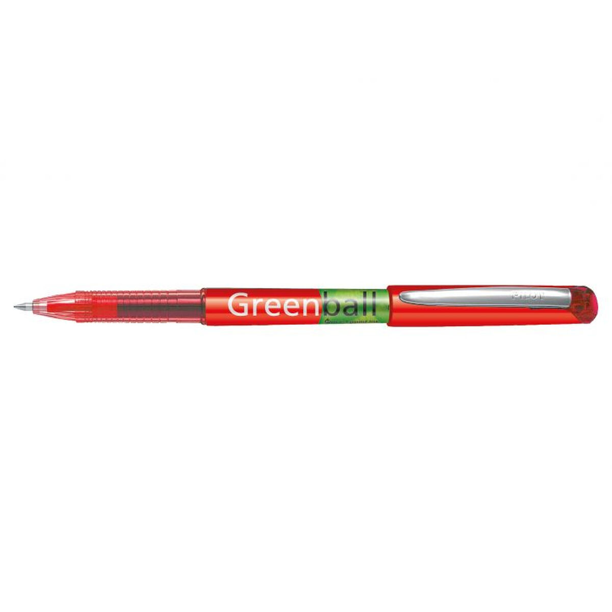 Ein roter Greenball-Stift mit silbernem Clip auf weißem Hintergrund. Der Stift liegt horizontal.
