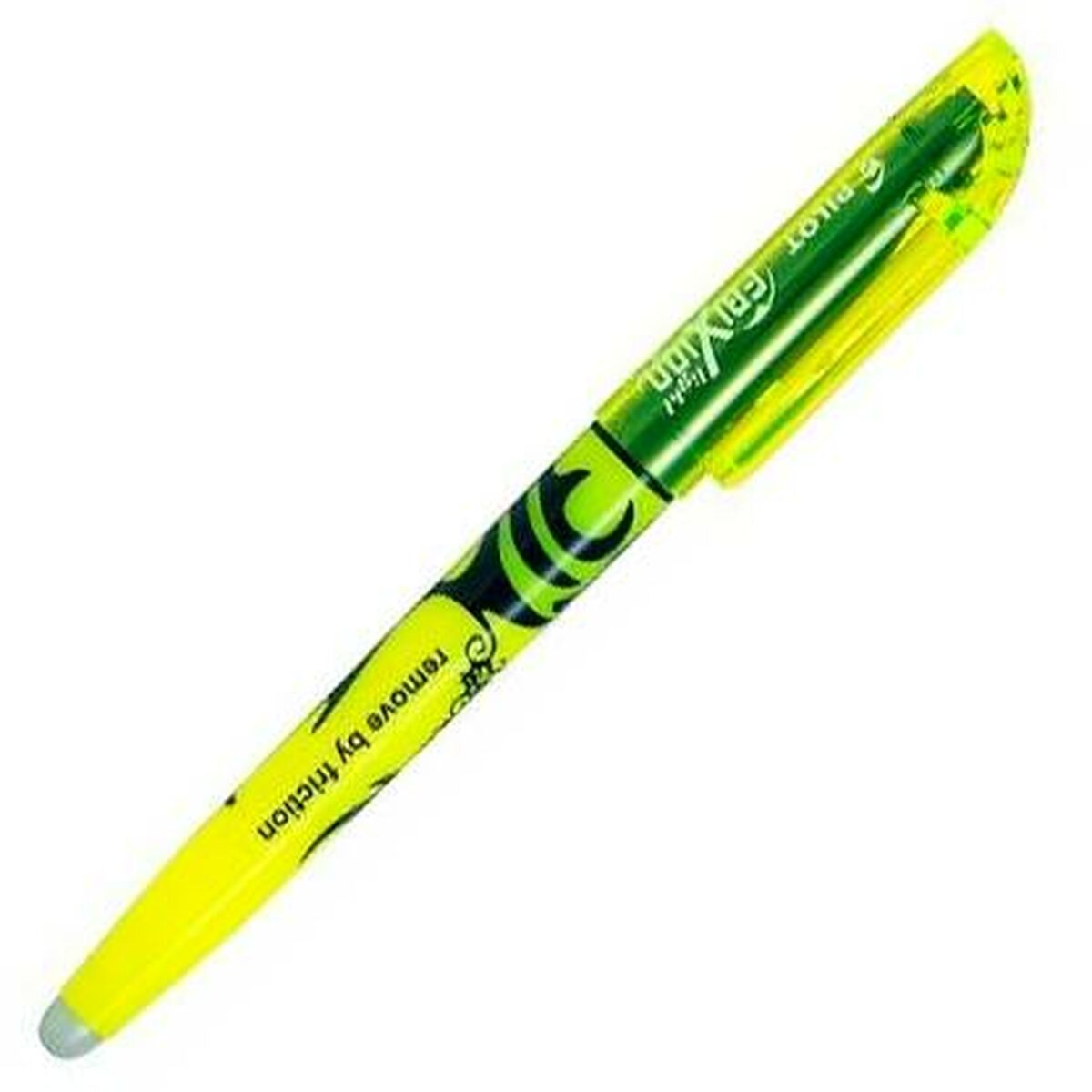 Ein gelber Pilot Frixion Radierstift mit grüner Tintenkammer und klarer Spitze, Text: 'Entfernen durch Reibung'.