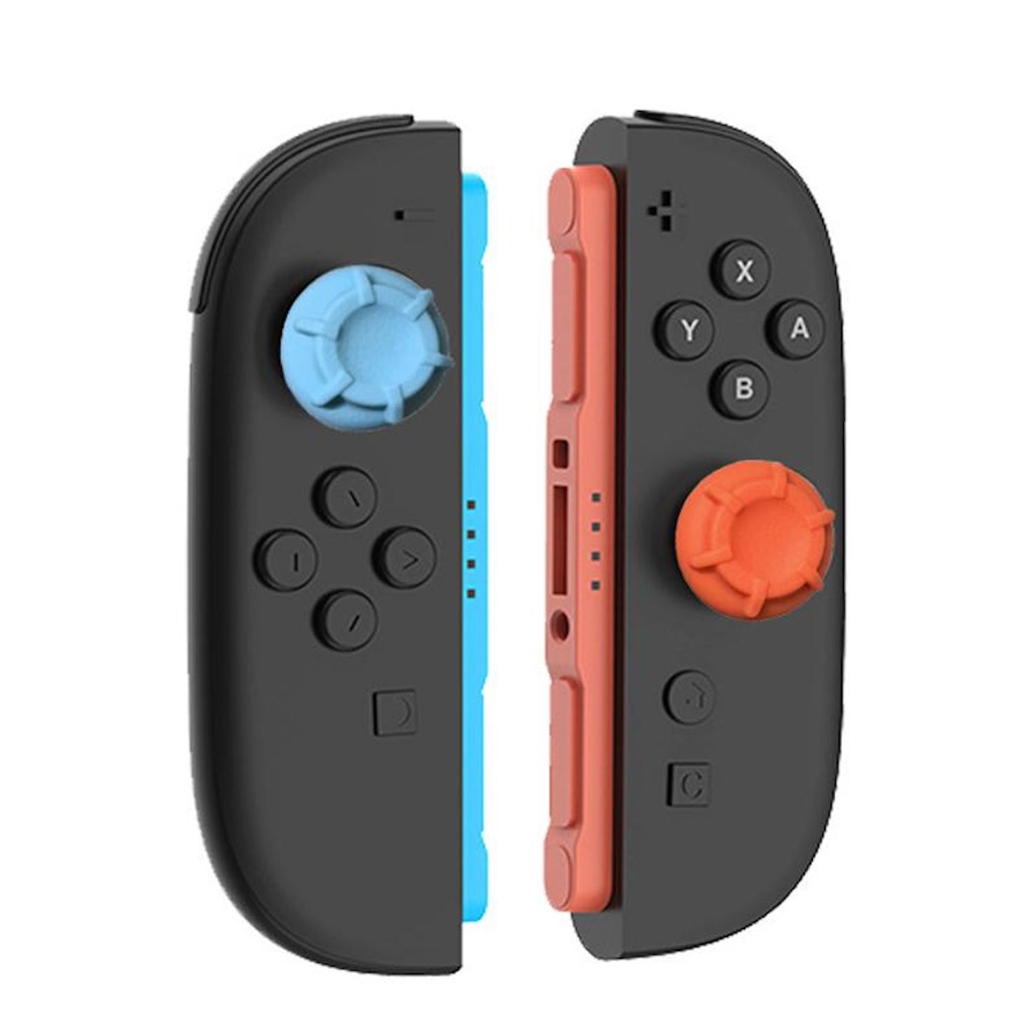 Dos mitades de mando de juego negras, una con botones azules, la otra con botones naranjas, y una pieza de conexión.