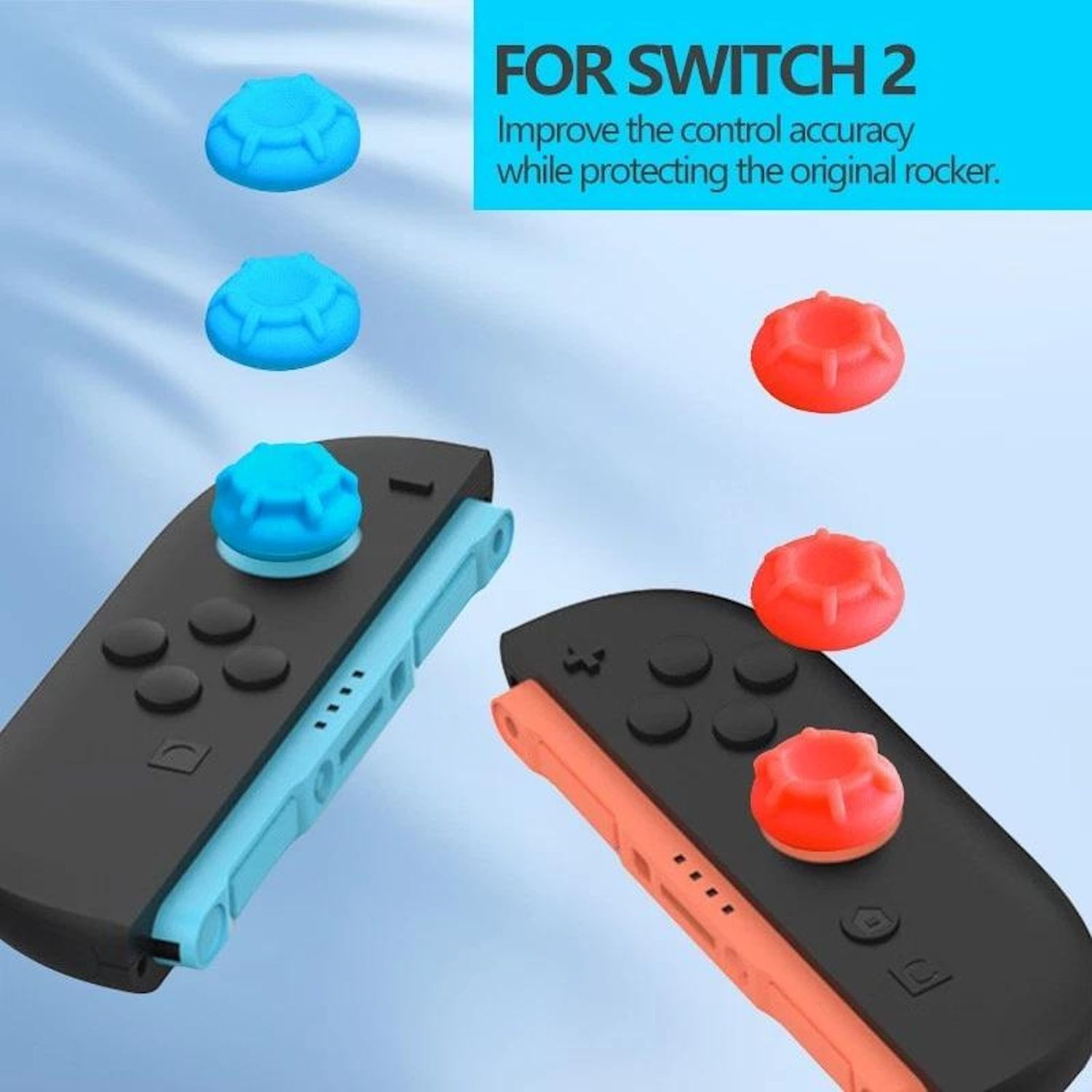 Dos mandos de juego negros con tapas de joystick azules y naranjas, con el texto 'For Switch 2' y texto promocional.