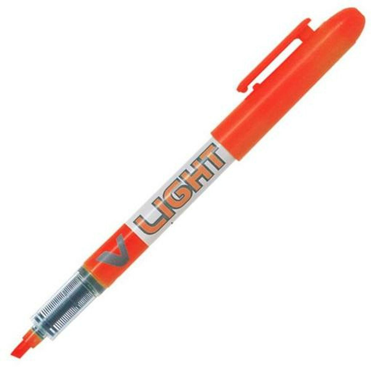 Ein orangefarbener Textmarker mit dem Wort 'LIGHT' darauf. Es gibt eine silberne Spitze und einen Clip oben.