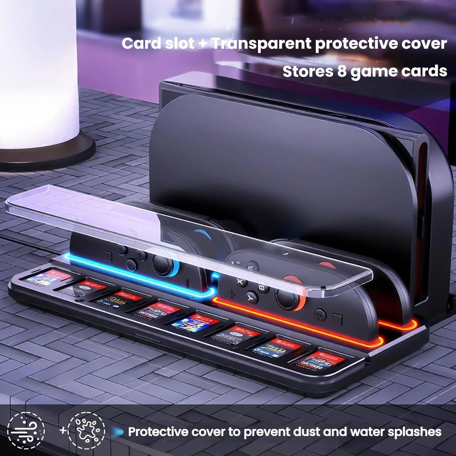 Eine Nintendo Switch-Dockingstation mit Controllern und Spielkassetten. Die Dockingstation hat einen Kartenschlitz und eine transparente Abdeckung.