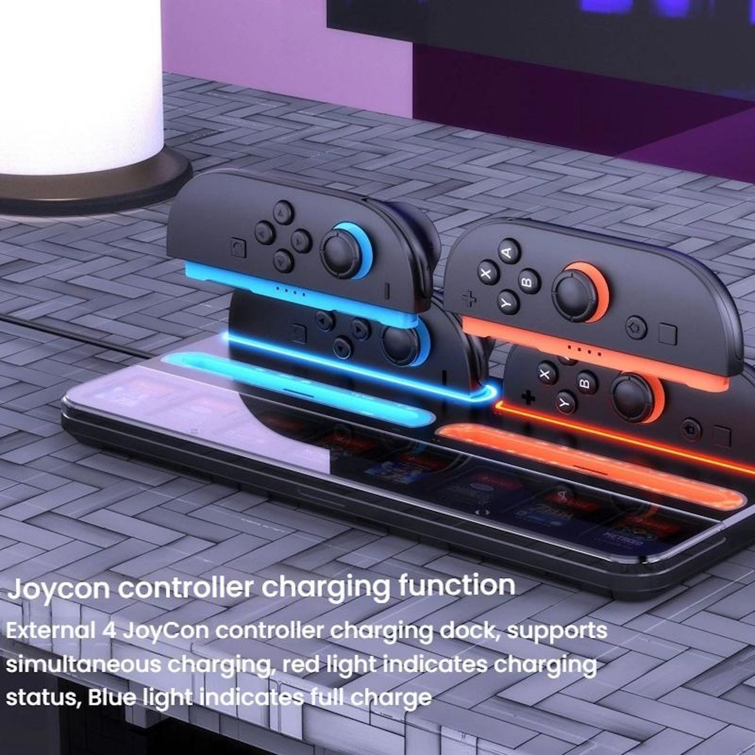 Joycon-Controller-Ladestation mit Controllern und Ladezustandsanzeigen. Die Dockingstation steht auf einer Oberfläche.
