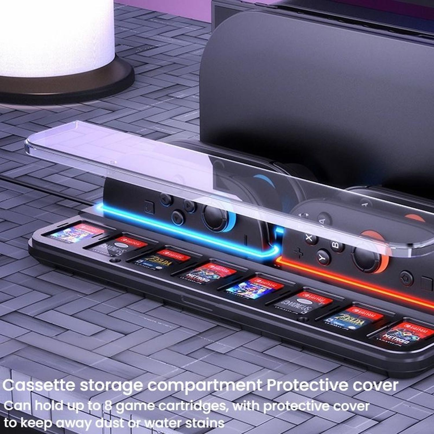 Eine Nintendo Switch-Dockingstation mit Controllern und Spielkassetten. Sie hat eine transparente Abdeckung für Spielkarten.