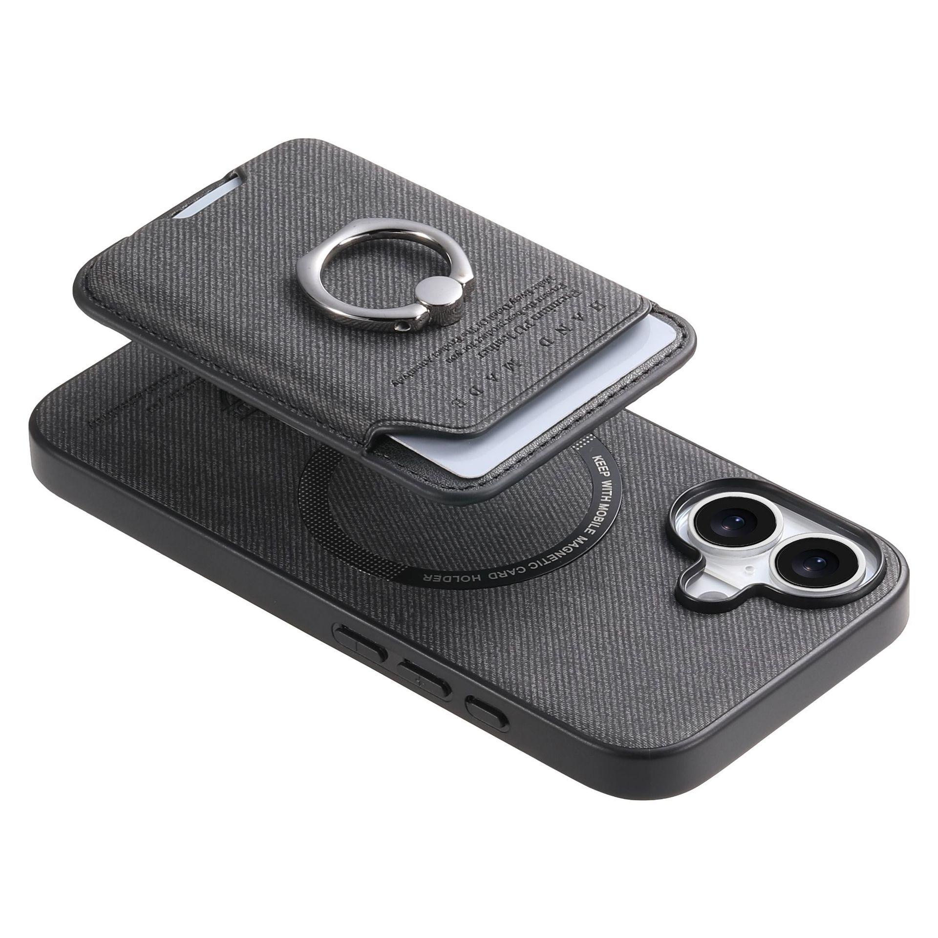 Custodia per telefono nera con anello e porta carte. Il telefono è su una superficie di legno.
