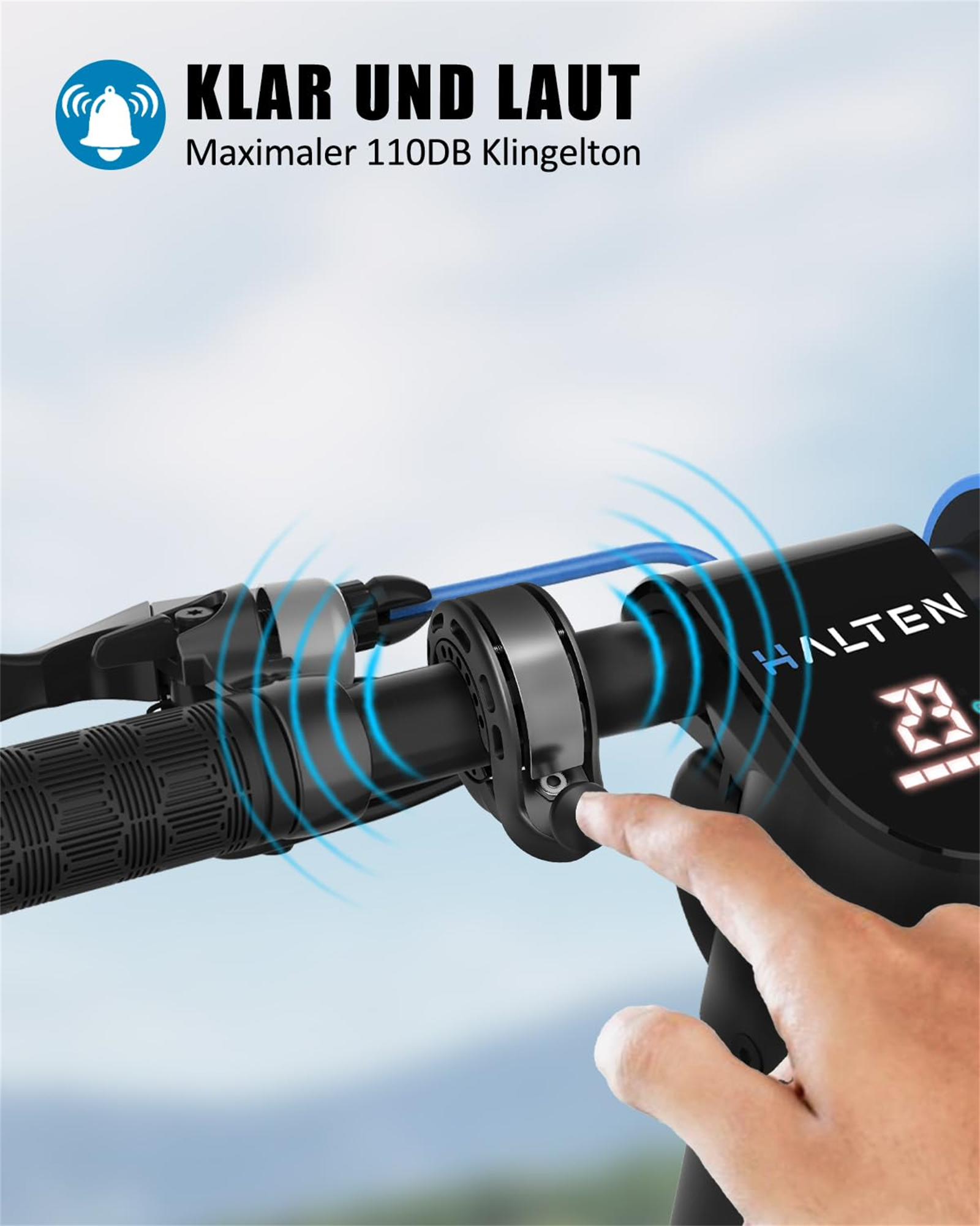 Eine Hand drückt einen Knopf an einem Rollerlenker. Der Text lautet 'klar und laut' und 'maximal 110dB Klingelton'.