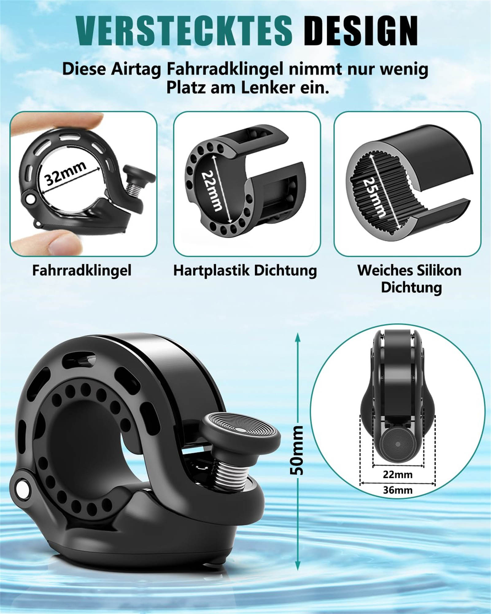 Diagramm einer Fahrradklingel mit Abmessungen. Drei Nahaufnahmen zeigen die Komponenten der Klingel.