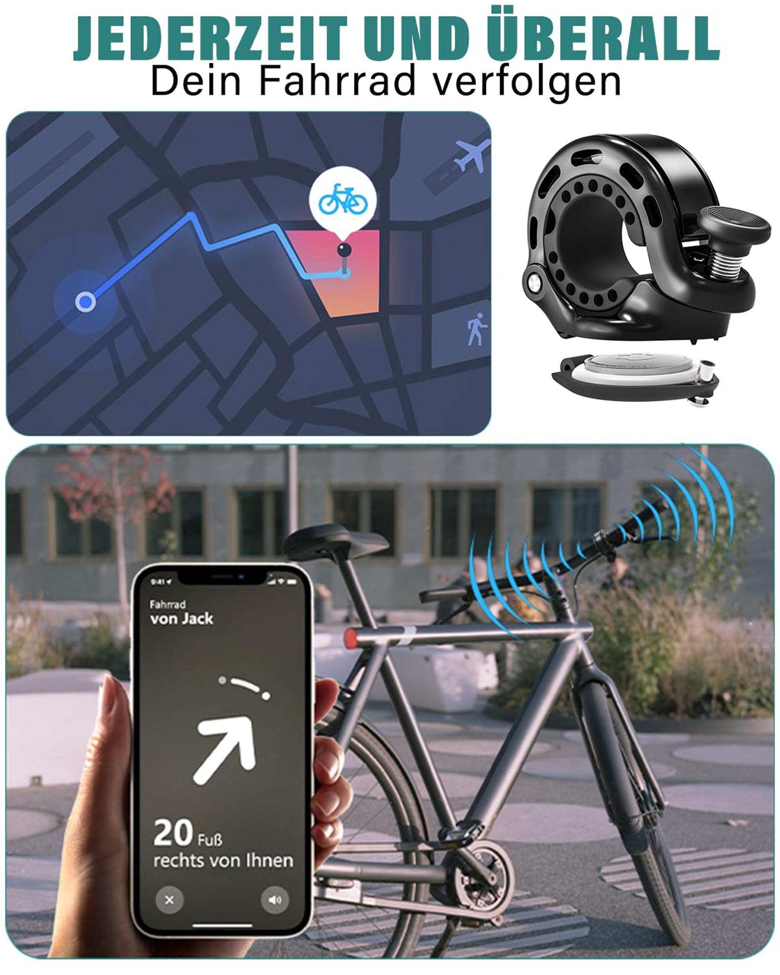 Bild mit Text, einer Karte, einem Telefon mit App und einer Fahrradklingel. Auch das Fahrrad ist zu sehen.