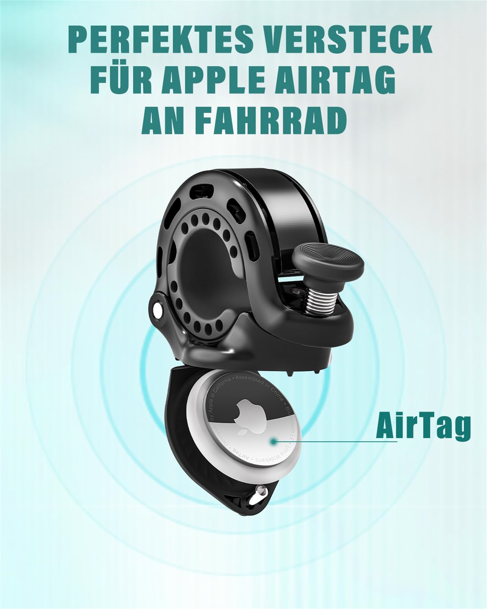 Schwarze Fahrradklingel mit AirTag. Weißer Hintergrund mit Text und blauem Kreis um die Klingel.