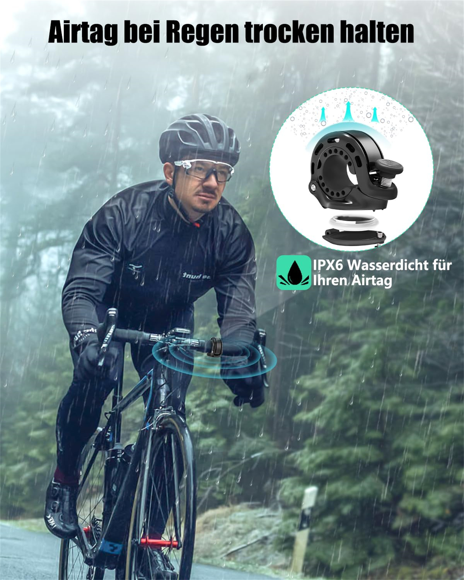 Mann fährt bei Regen Fahrrad. AirTag-Halter und Fahrradklingel sind im Bild zu sehen.