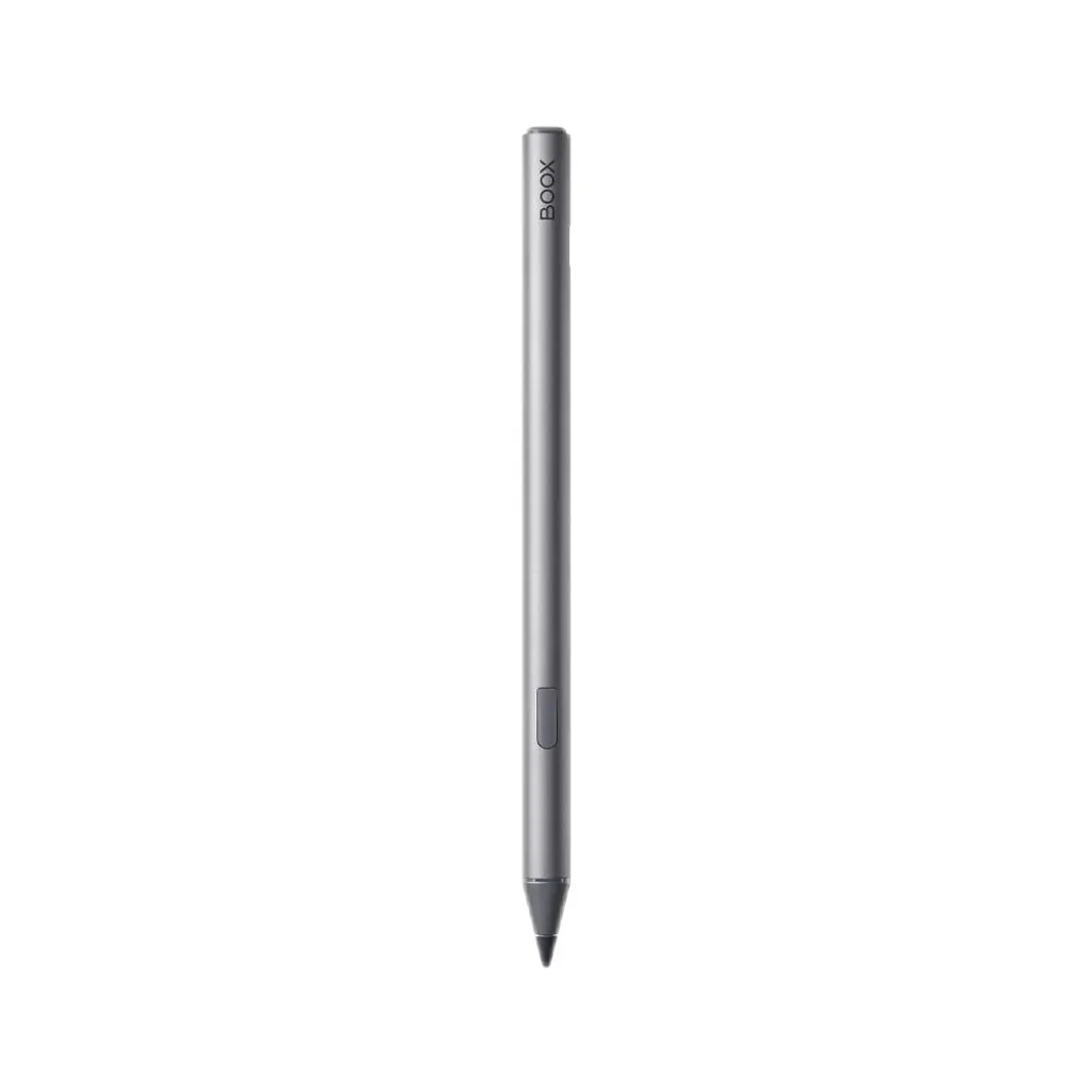 Silberner Stylus-Stift. Der Stift ist auf weißem Hintergrund. Das Wort BOOX ist aufgedruckt.