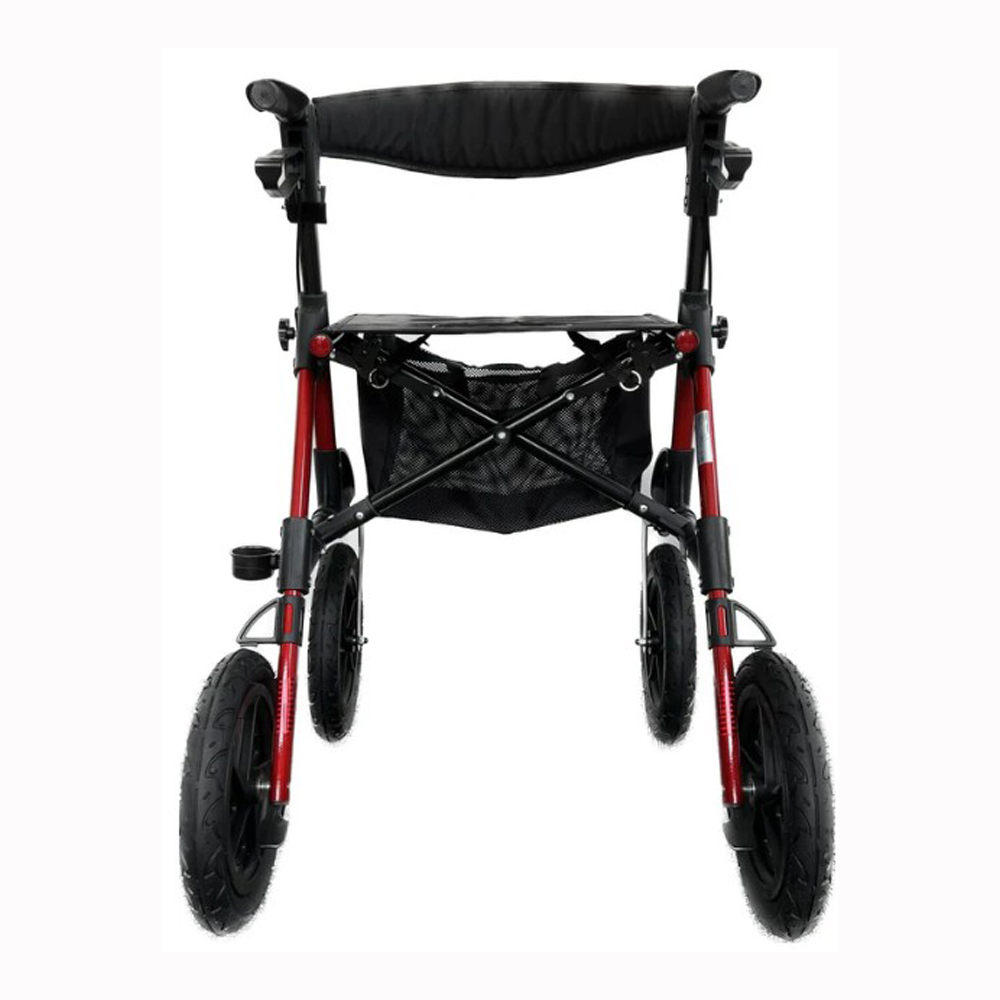 Ein rot-schwarzer Rollator wird von vorne betrachtet. Er hat vier schwarze Räder und einen Sitz.