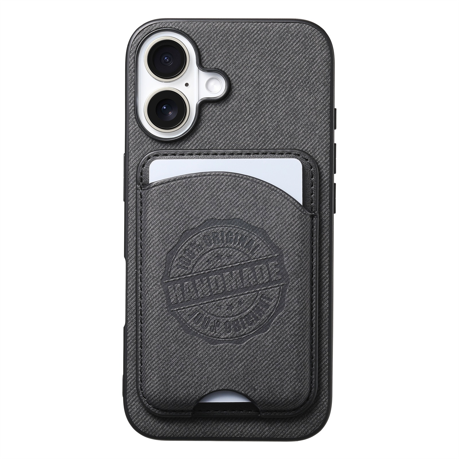 Una custodia per telefono nera con porta carte e anello. Le parole HAND MADE sono visibili.