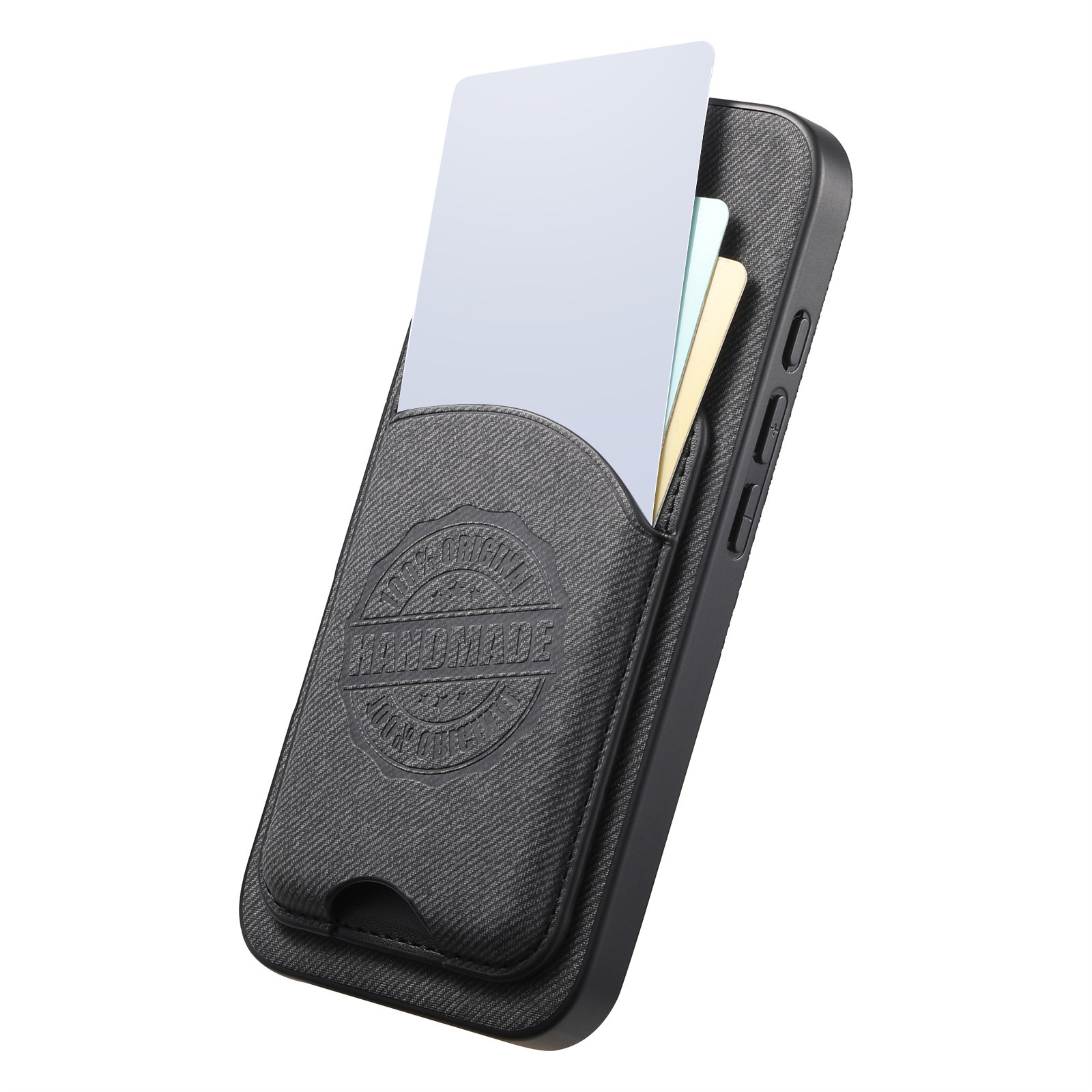 Una custodia per telefono con un porta carte. La custodia è nera con una superficie strutturata. Le carte sono inserite.
