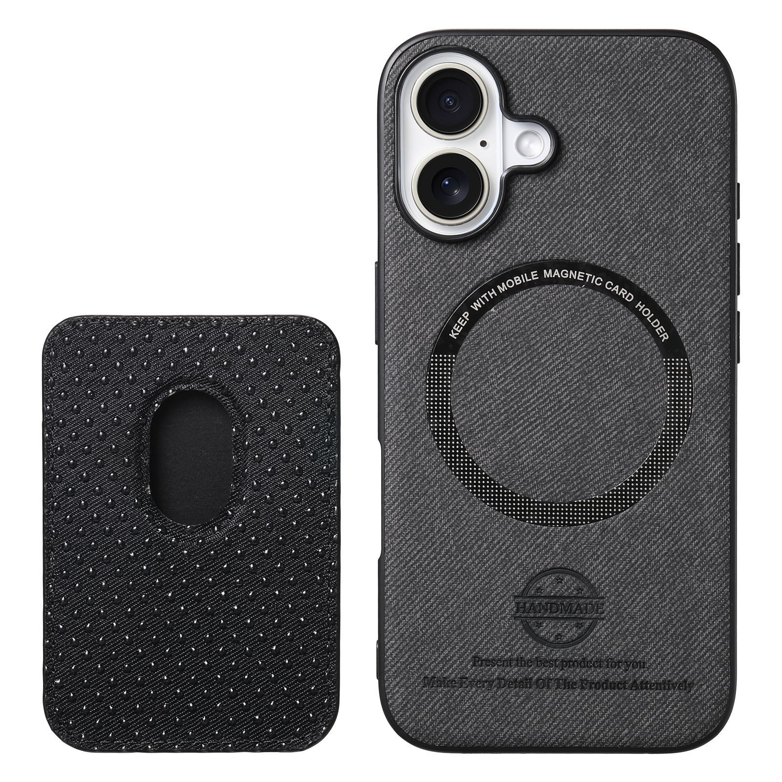 Due custodie per telefono, una che mostra il retro con un porta carte magnetico. Entrambe sono nere.