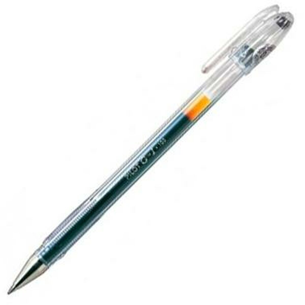 Transparenter Gelstift mit schwarzer Spitze und durchsichtiger Kappe. Der Stift ist abgewinkelt. Tinte sichtbar.