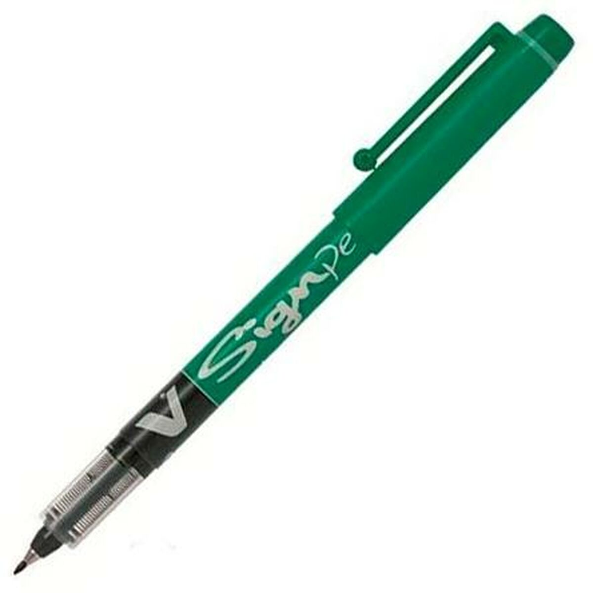 Ein grüner Sign Pen mit schwarzer Tintenspitze. Der Stift hat einen Clip und eine Kappe, auf weißem Hintergrund.