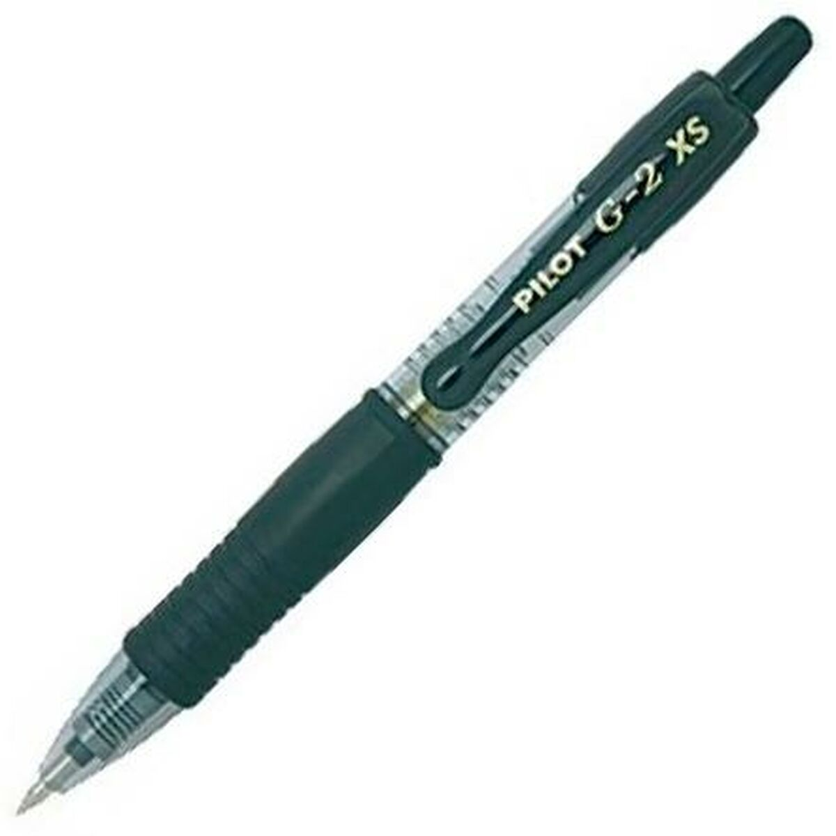 Schwarzer und grüner Pilot G-2 XS Stift auf weißem Hintergrund, x12 markiert.