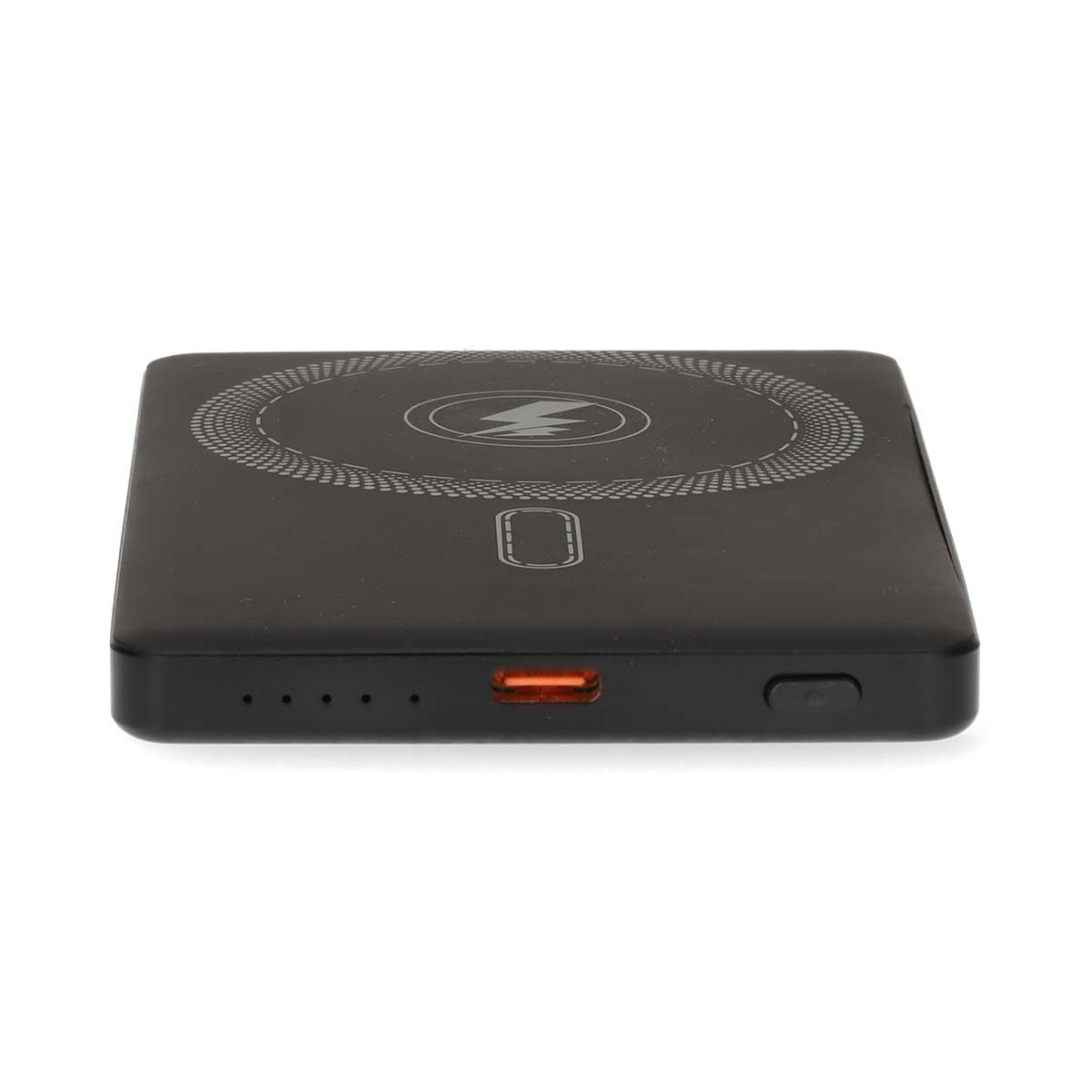 Caricabatterie wireless nero con simbolo del fulmine, porta di ricarica arancione.
