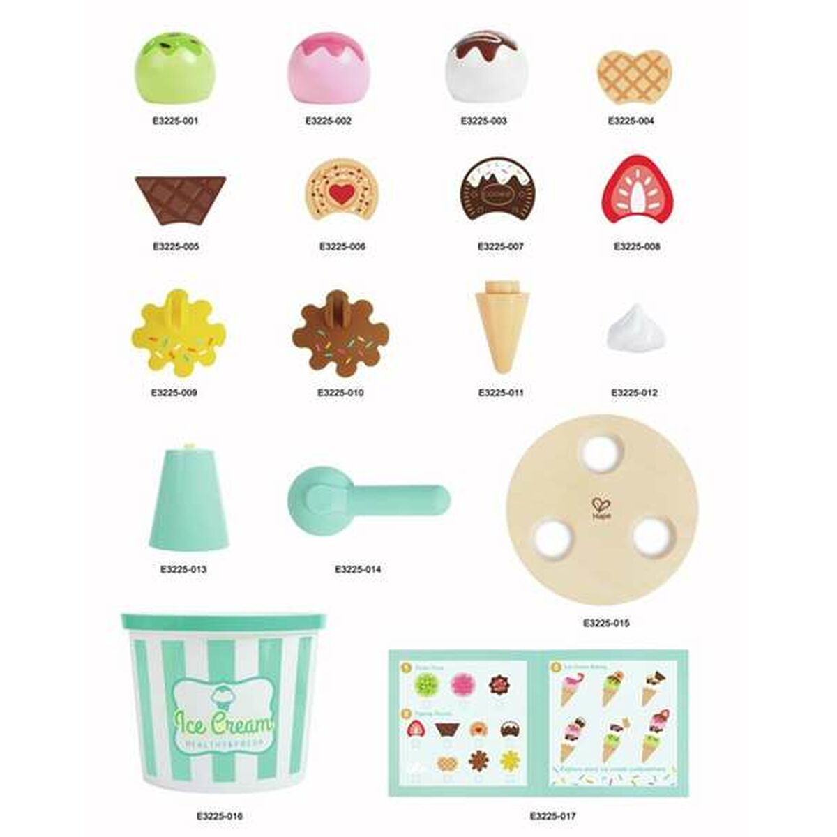 Verschiedene Eis-Toppings und ein Eisbehälter. Es gibt verschiedene Formen und Farben.