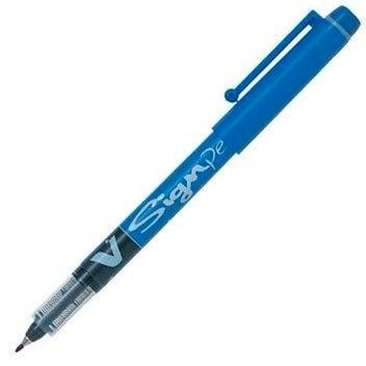 Blauer Sign Pen mit Kappe, schräg. Weißer Hintergrund.
