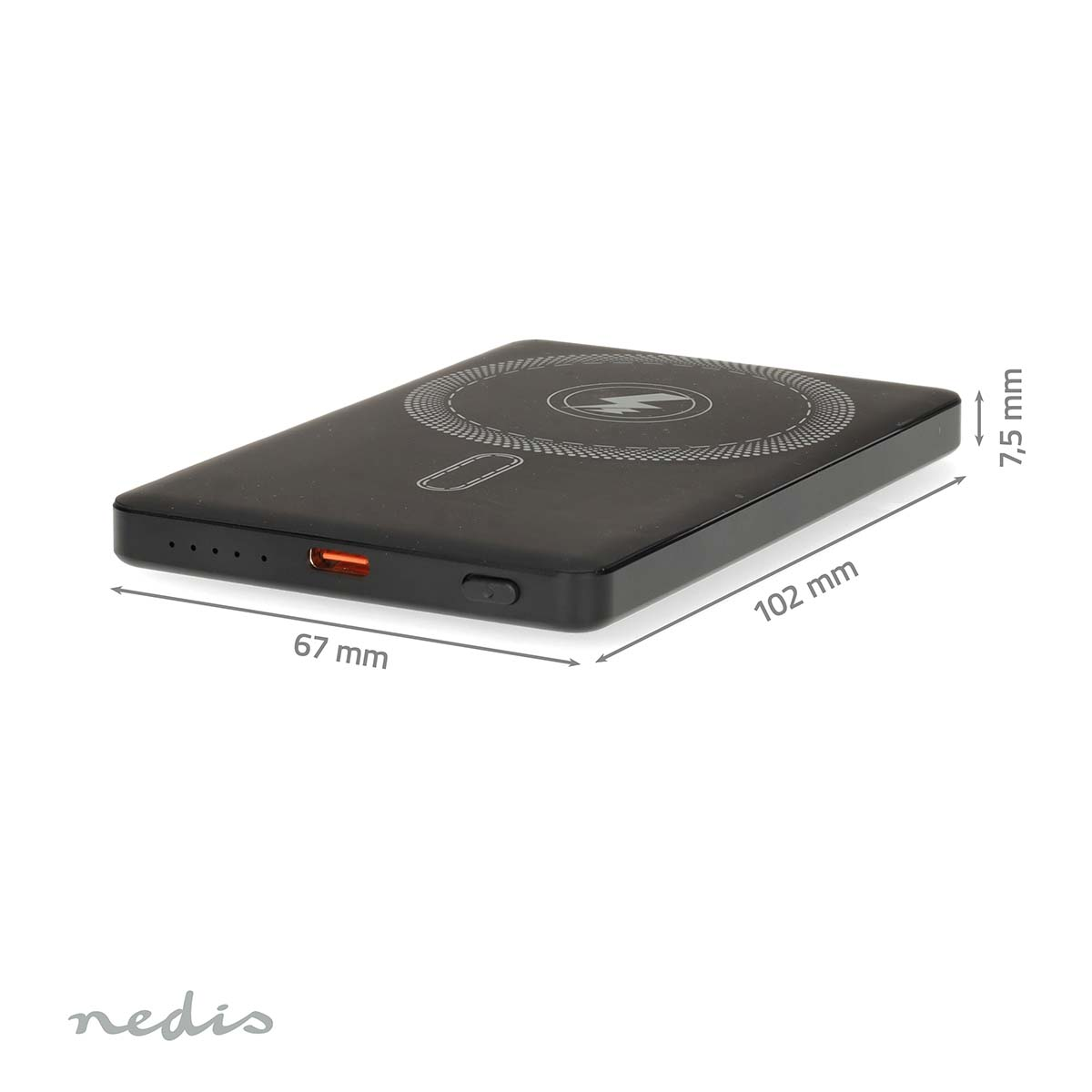 Caricabatterie wireless nero, dimensioni 67x102x7,5 mm. Porta di ricarica arancione.