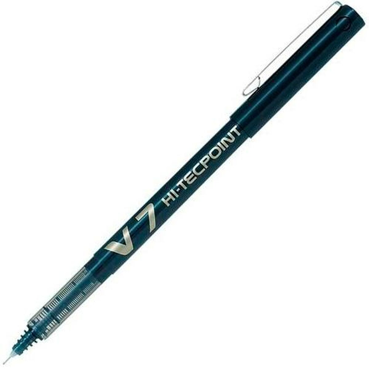 Ein blauer Hi-Tecpoint V7-Stift mit silbernem Clip. Er ist nach unten rechts abgewinkelt.